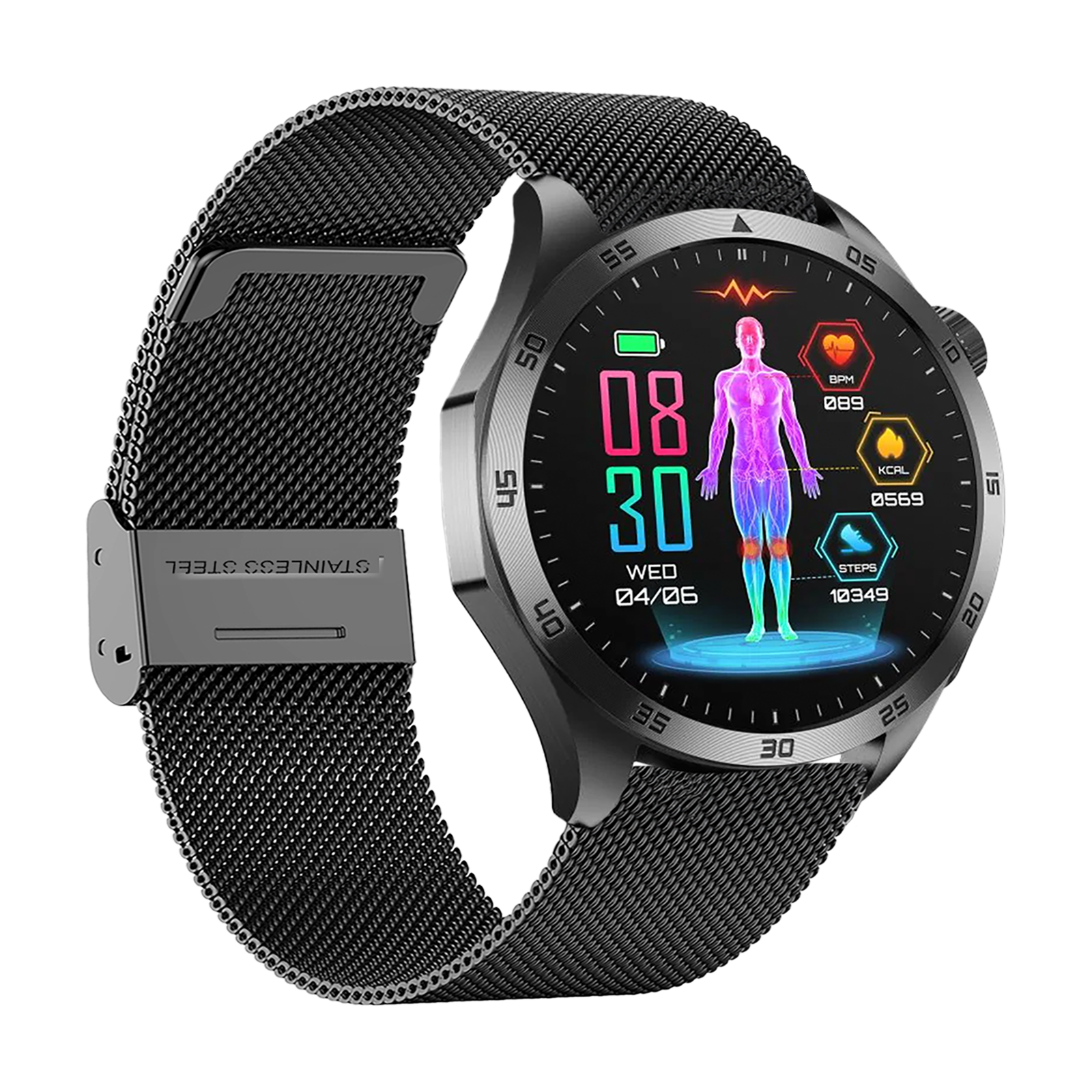 Eine schwarze Smartwatch mit Mesh-Armband, die Gesundheitsdaten anzeigt. Der Bildschirm zeigt Uhrzeit, Datum und eine menschliche Figur.