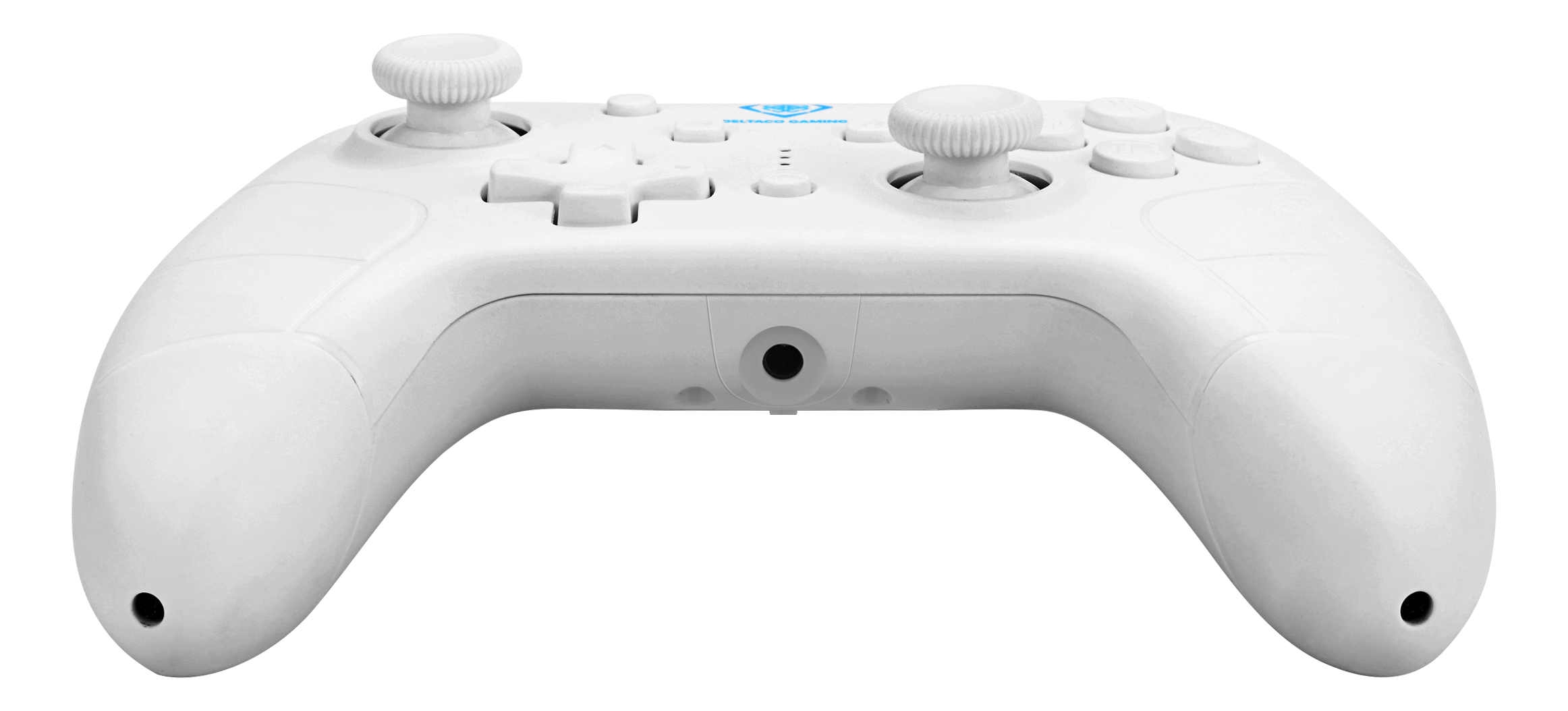 Ein weißer Gamecontroller mit Knöpfen, Joysticks und einem Steuerkreuz, vor weißem Hintergrund. Das Logo ist sichtbar.