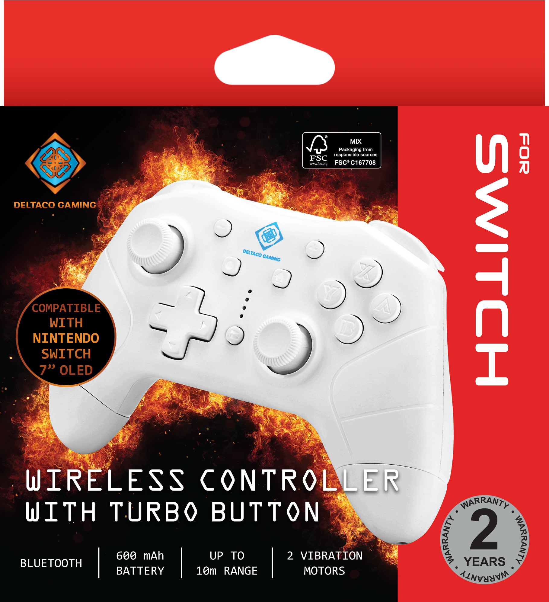 Weißer Deltaco-Gaming-Controller für Nintendo Switch, kompatibel mit 7" OLED. Funktionen umfassen Bluetooth, Turbo-Taste und 2 Vibrationsmotoren.