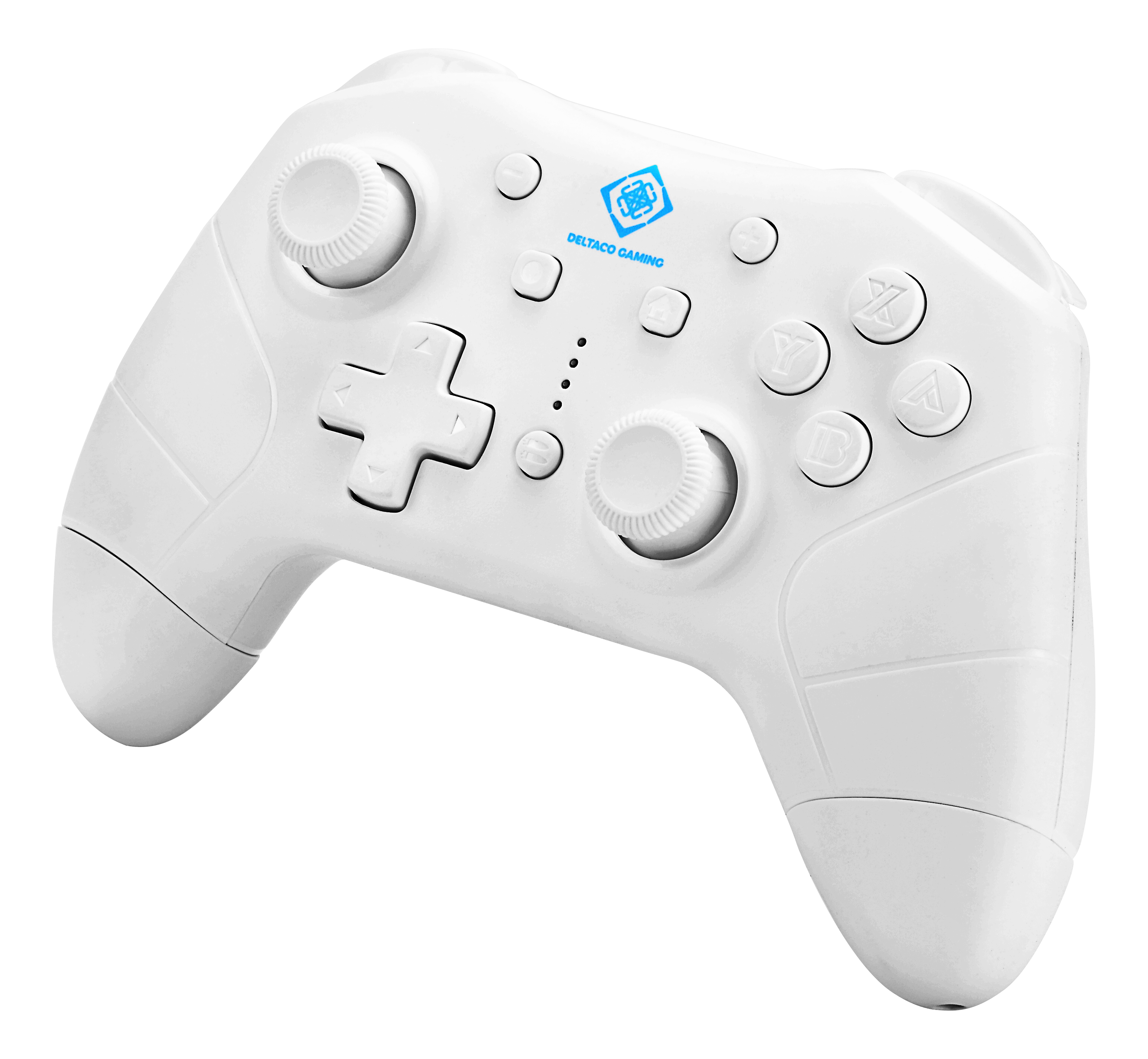 Weißer Gamecontroller mit Tasten, Joysticks und einem Steuerkreuz. Er hat das Logo 'Deltaco Gaming'.