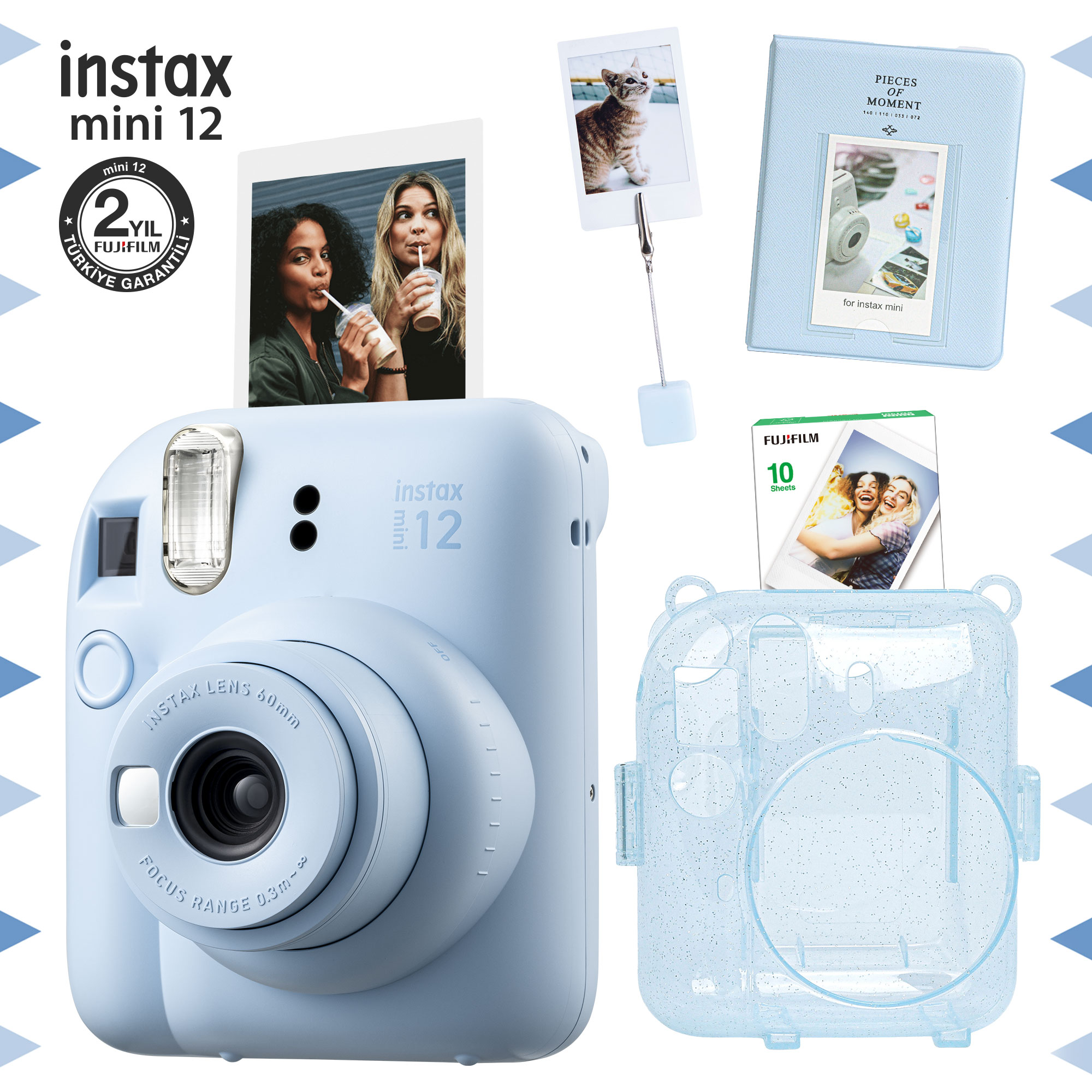 FUJIFILM Instax Mini 12 Fotoğraf Makinesi-10'lu Film-Kıskaçlı Stand-PVC Albüm ve Simli Pleksi Kılıf Set Mavi