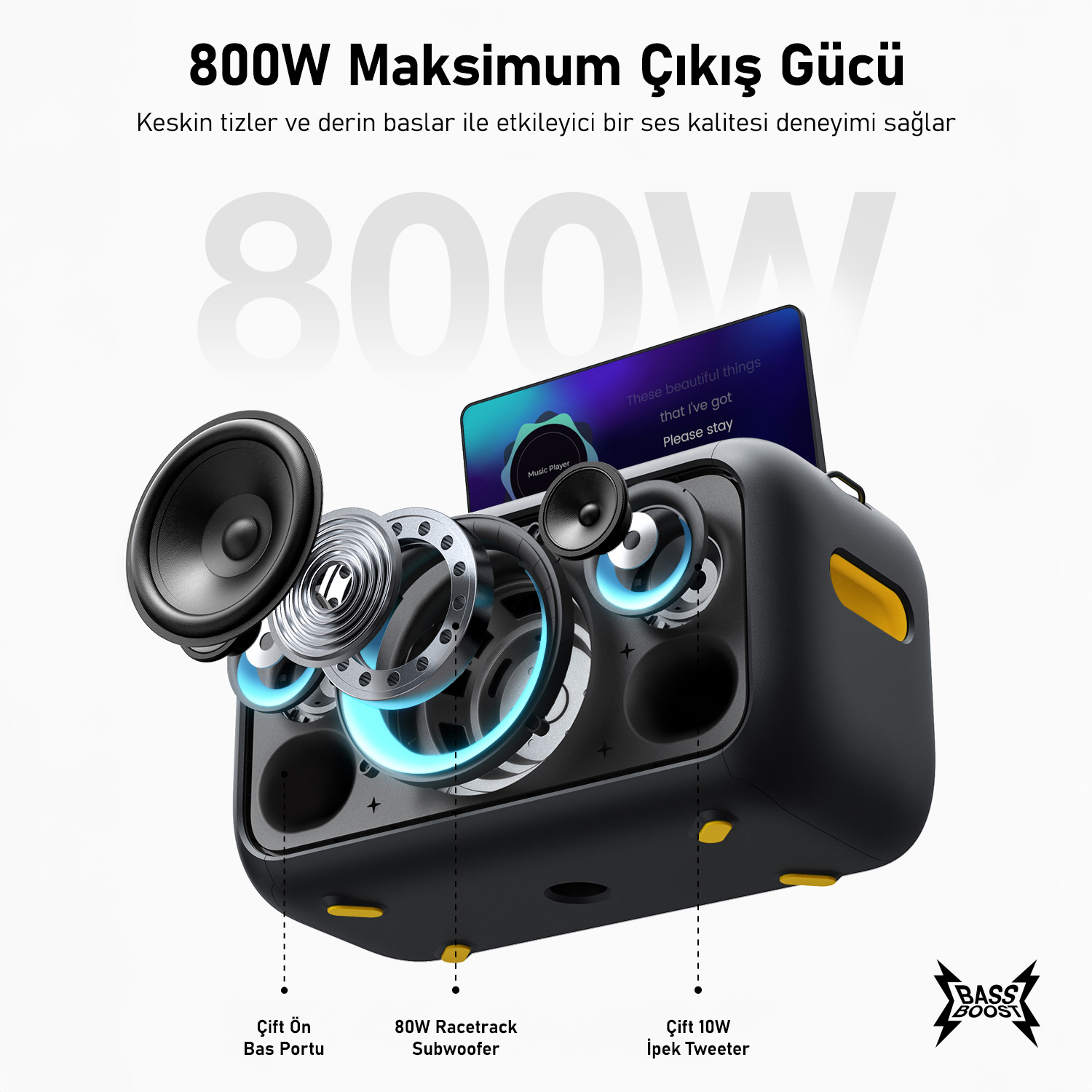Vurgulanmış bileşenlere sahip siyah hoparlör. Bir telefon şarkı sözlerini görüntüler. Metin 800W çıkış ve Bass Boost'u gösterir.