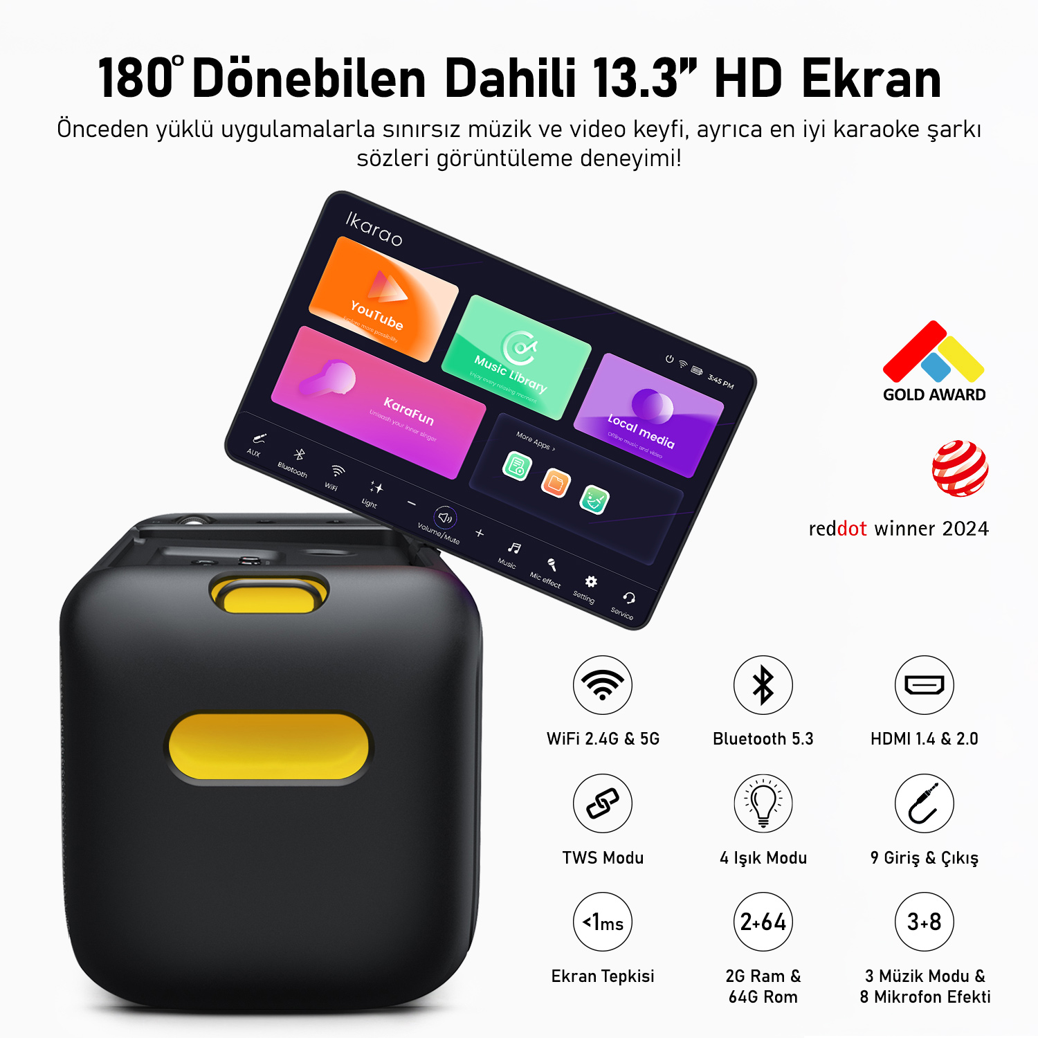 Sarı detaylara sahip siyah karaoke makinesi ve uygulamaları gösteren döner ekran. Metin özellikler ve ödüller içerir.