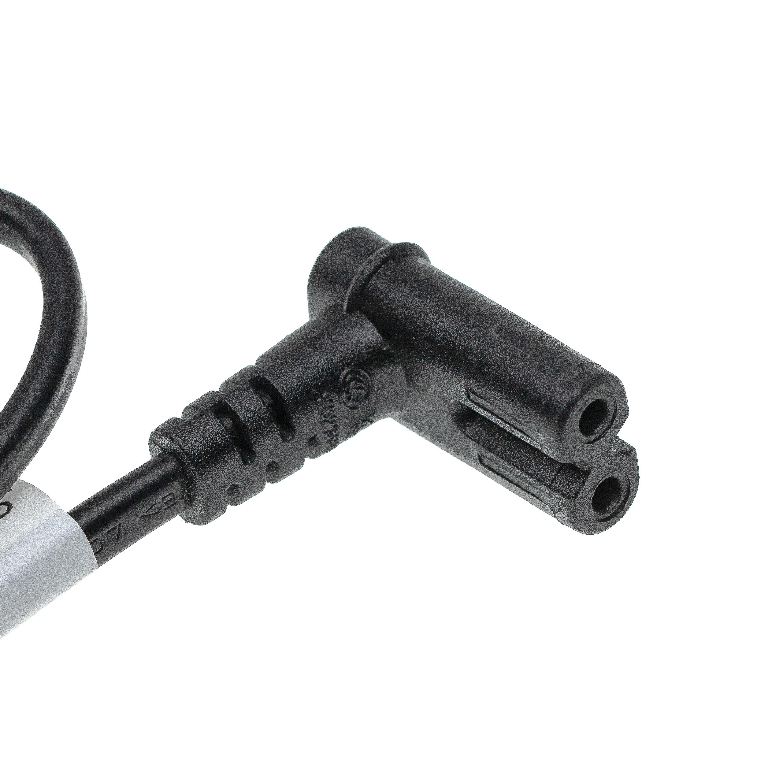 Schwarzer Stromkabelstecker auf weißem Hintergrund. Es hat zwei Löcher und ist abgewinkelt.