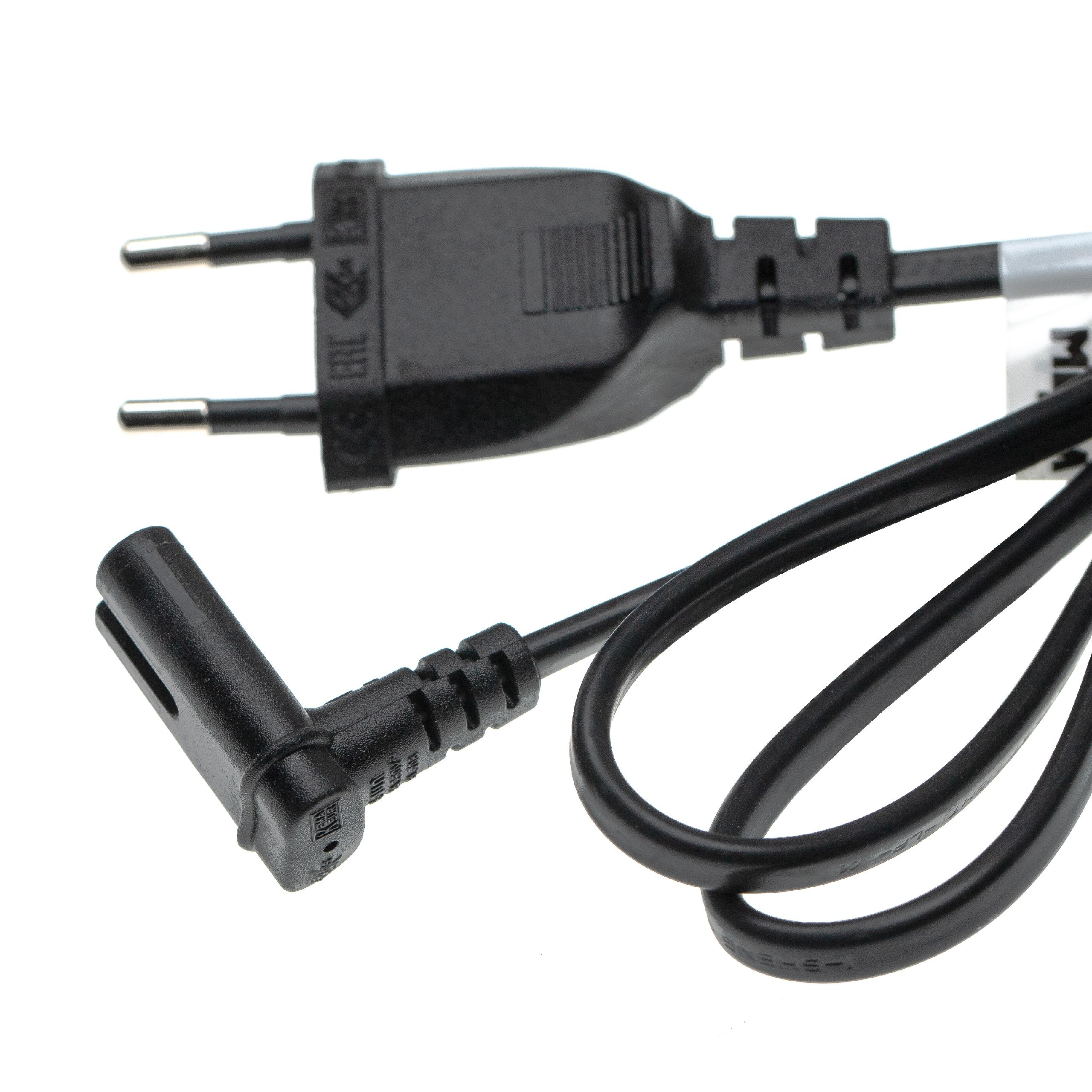 Ein schwarzes Netzkabel mit einem zweipoligen Stecker und einem abgewinkelten Anschluss. Der Hintergrund ist weiß.