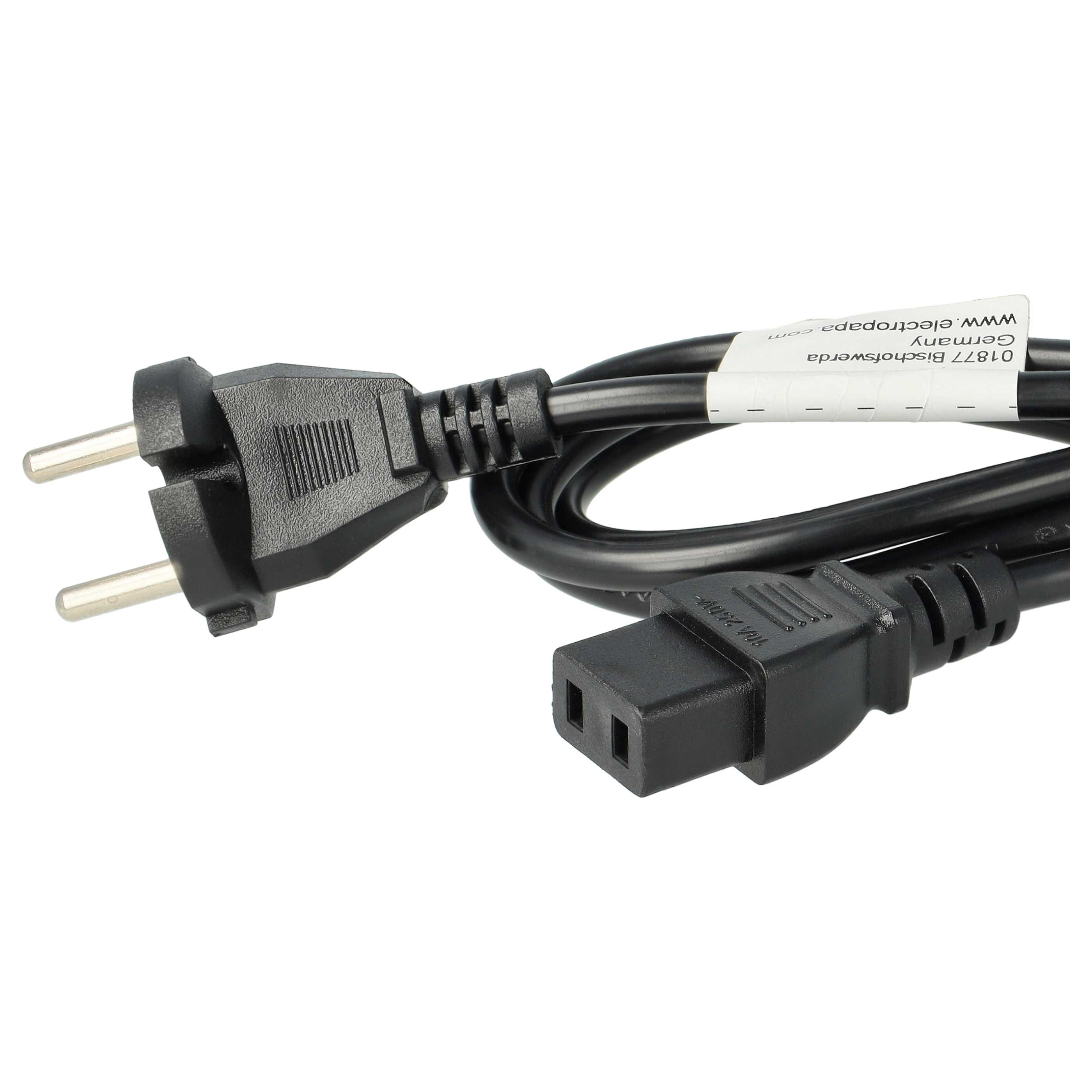 Schwarzes Netzkabel mit zweipoligem Stecker und Buchse. Ein Etikett mit Text ist ebenfalls sichtbar.