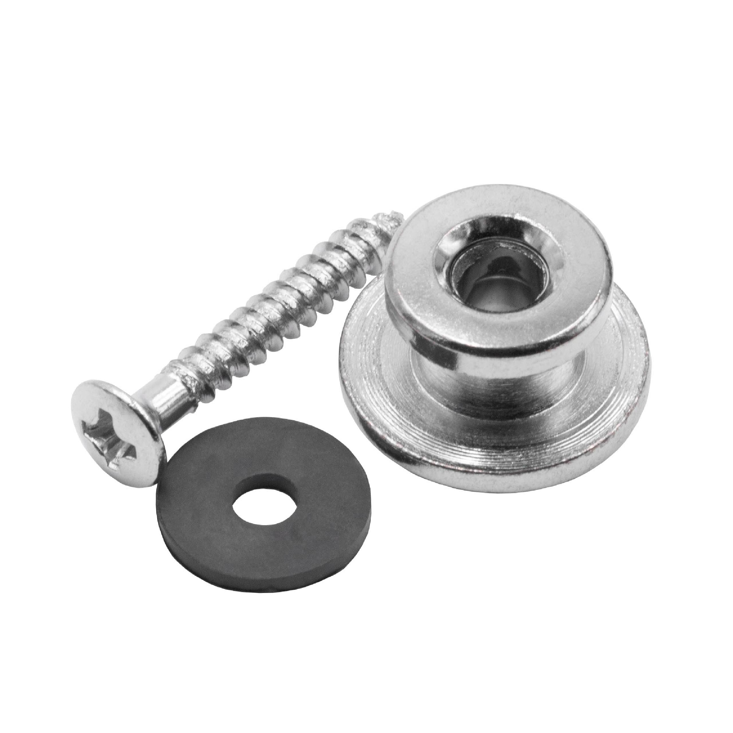 Ein Gitarrengurtknopf aus Metall, eine Schraube und eine schwarze Gummiunterlegscheibe auf weißem Grund.