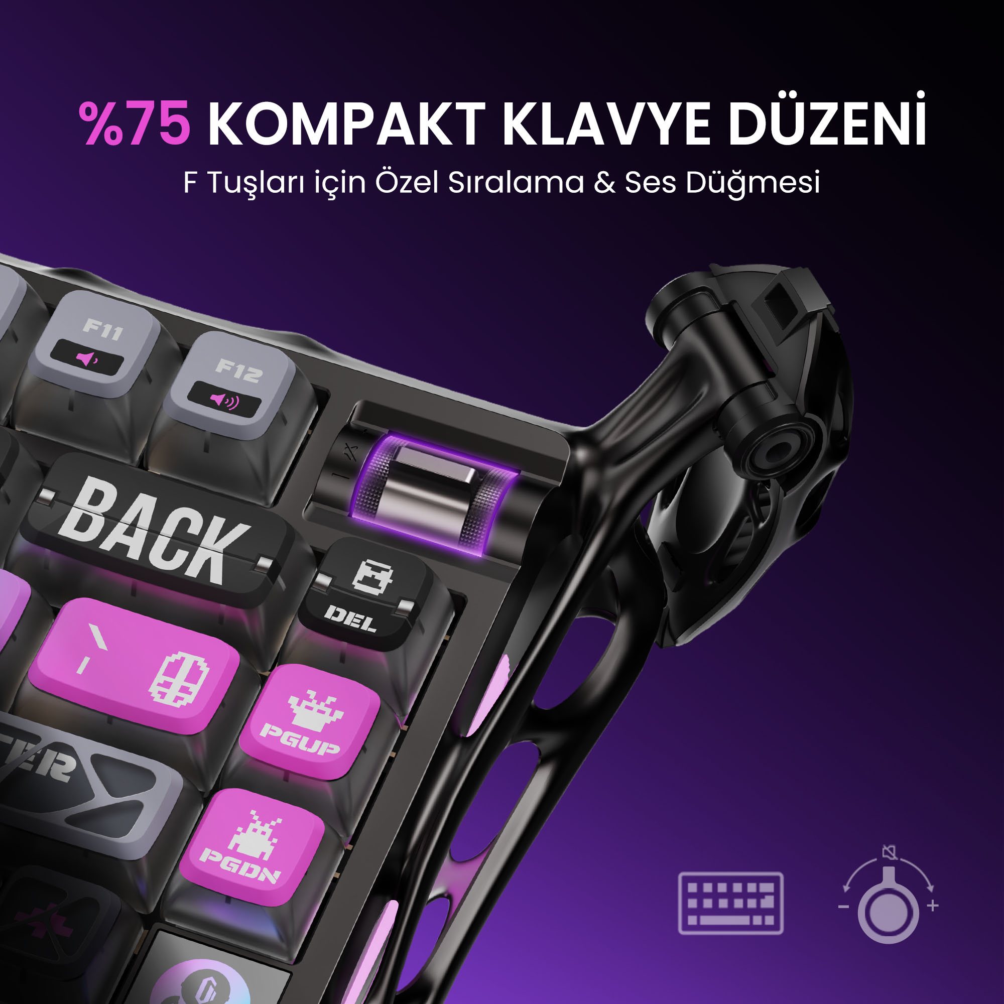 Zbliżenie czarnej klawiatury z fioletowymi i różowymi klawiszami.