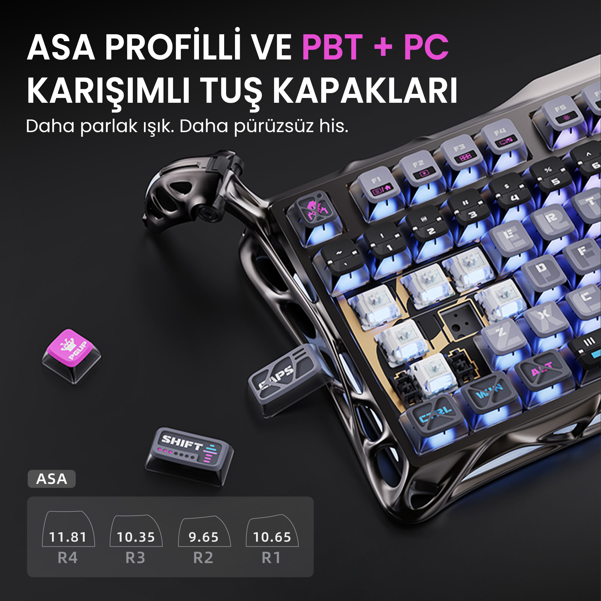 Zbliżenie klawiatury z podświetlanymi klawiszami. Są luźne nakładki na klawisze. Tło jest czarne.