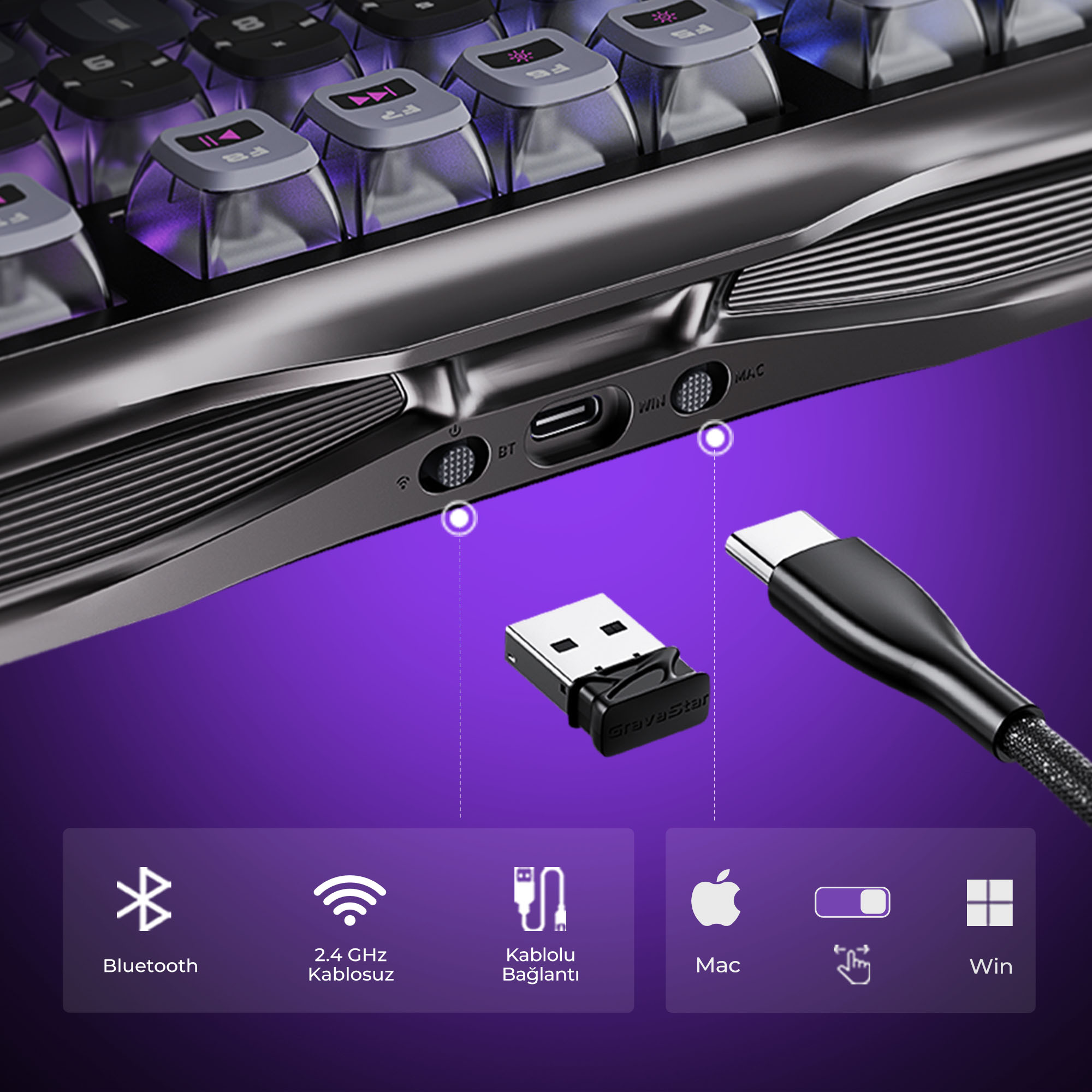 Zbliżenie klawiatury dla graczy, z klawiszami podświetlonymi na fioletowo. Widoczny jest również odbiornik USB i kabel USB-C.