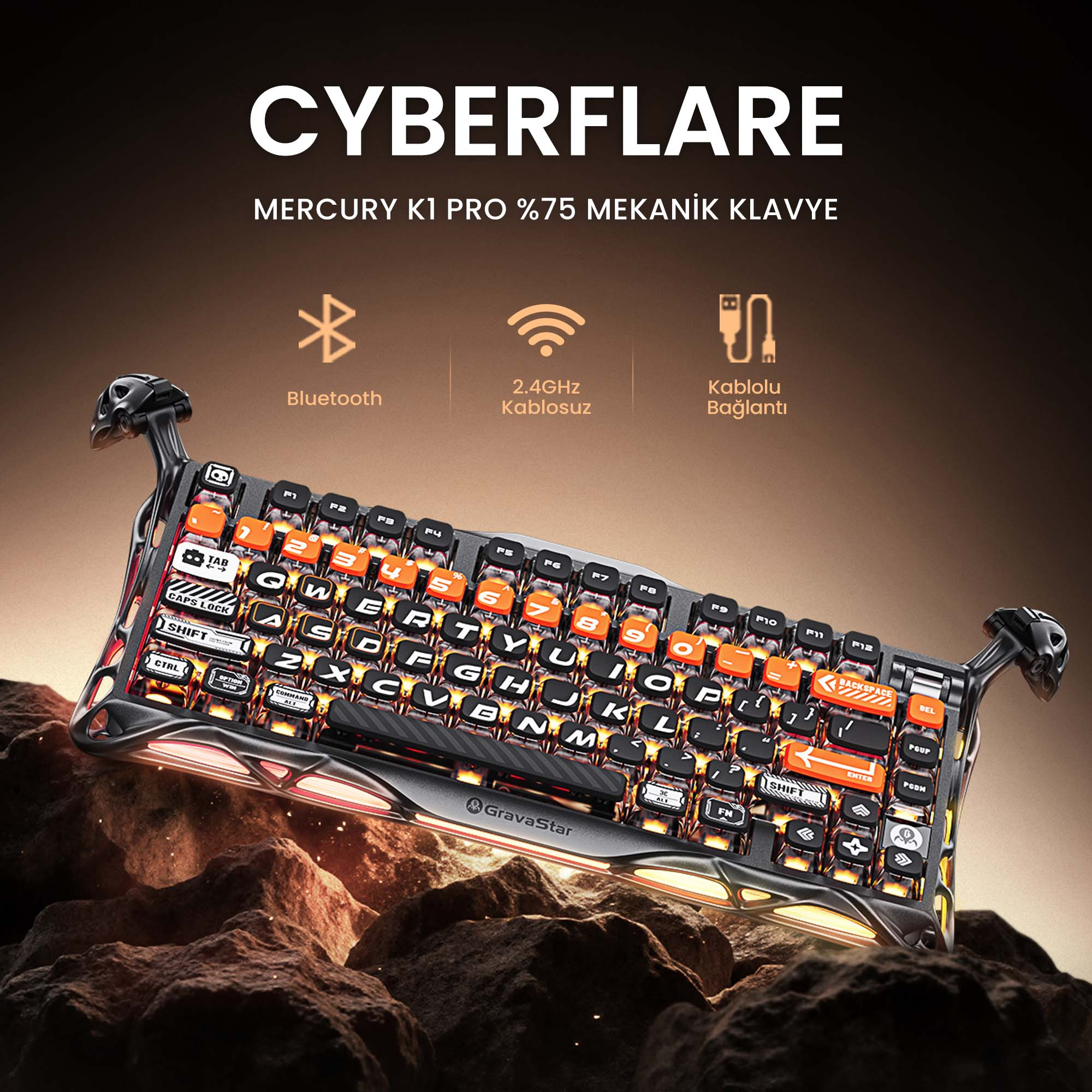 Klawiatura z pomarańczowymi i czarnymi klawiszami na skalistej powierzchni, z napisem CYBERFLARE na górze.