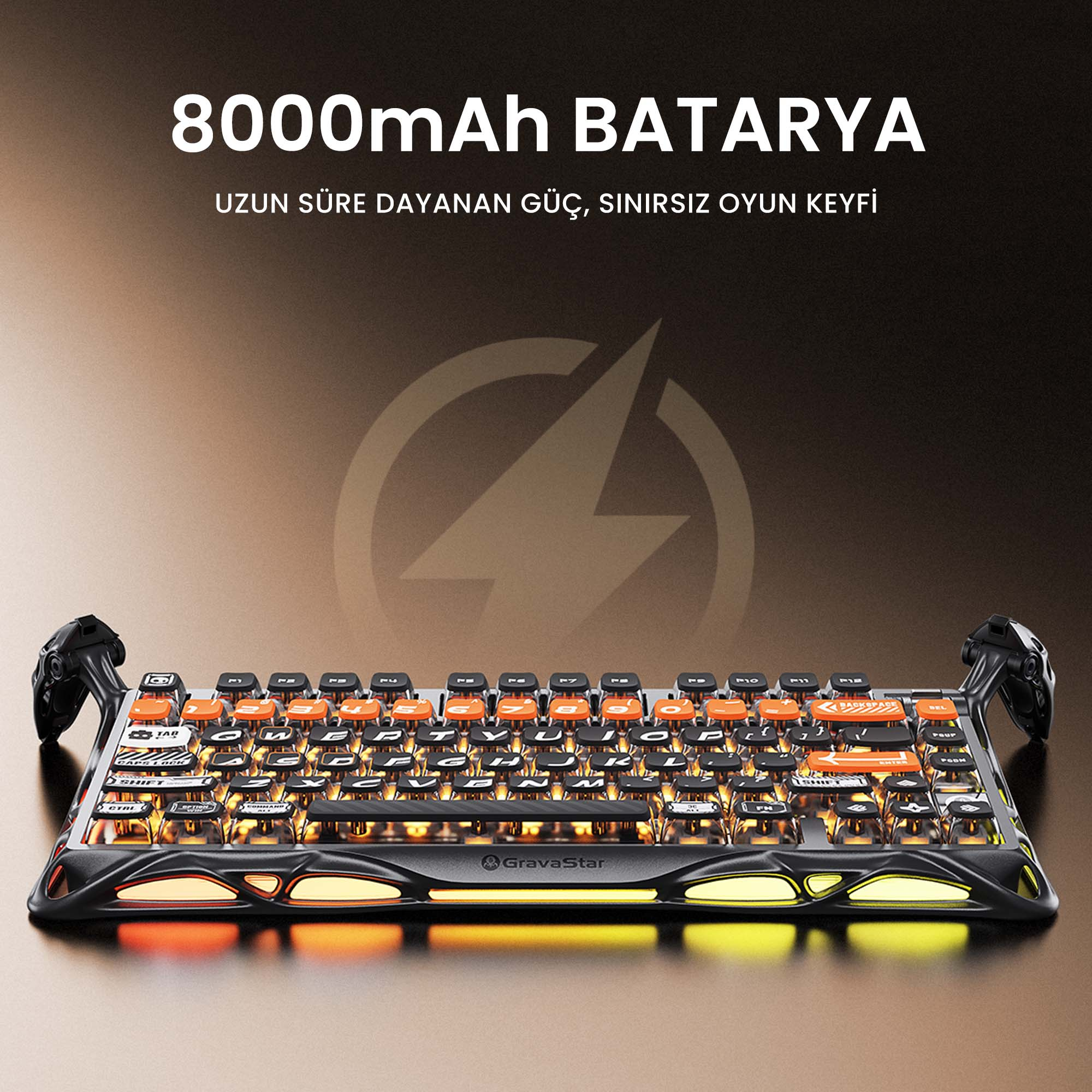 Klawiatura do gier z pomarańczowymi klawiszami, czarną ramką i bocznymi światłami. Teksty mówią '8000mAh' i 'GravaStar'.