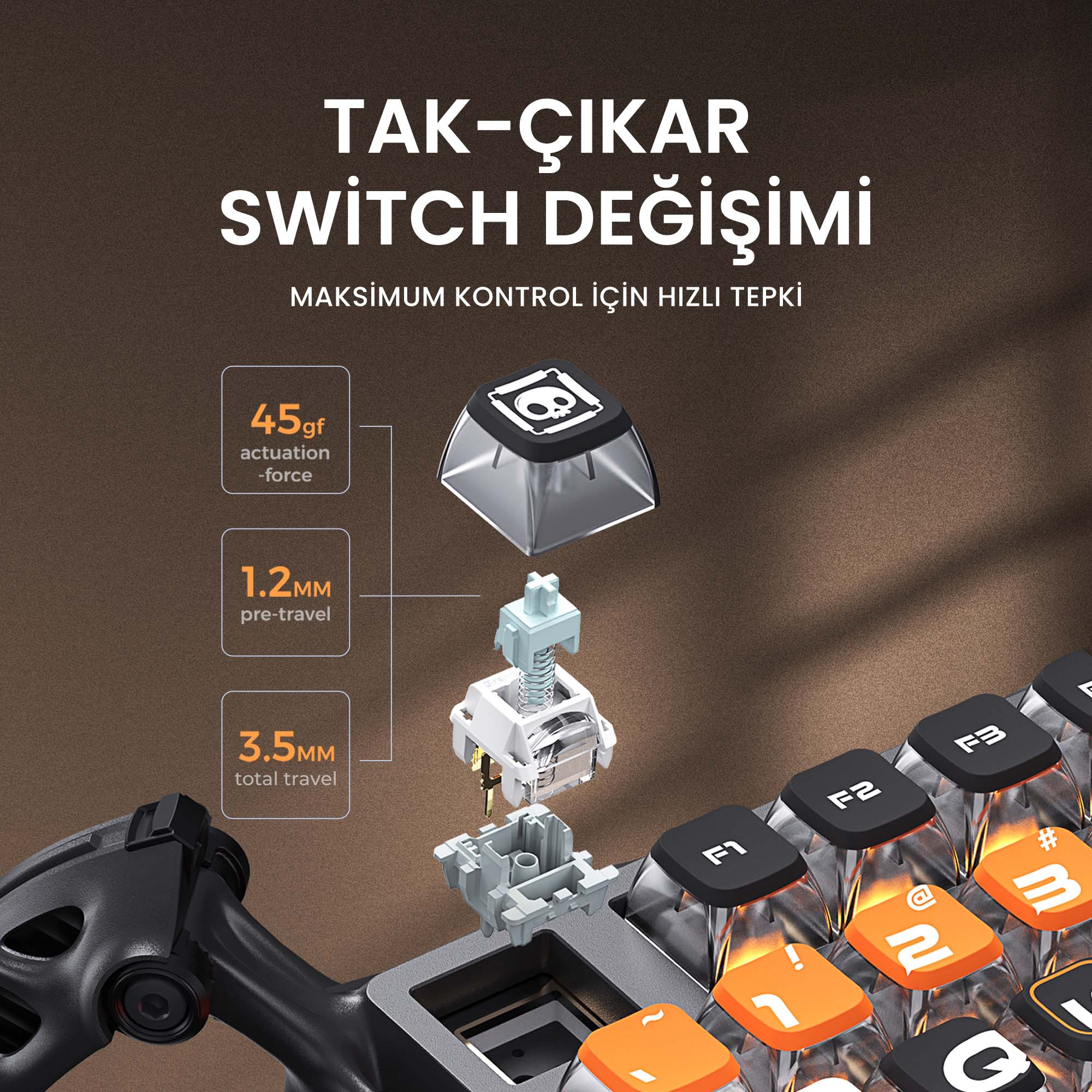 Obraz przedstawia zespół przełącznika klawiszy klawiatury. Pokazano szczegóły nasadki klawisza, przełącznika i podstawy. Tekst wskazuje specyfikacje przełącznika.