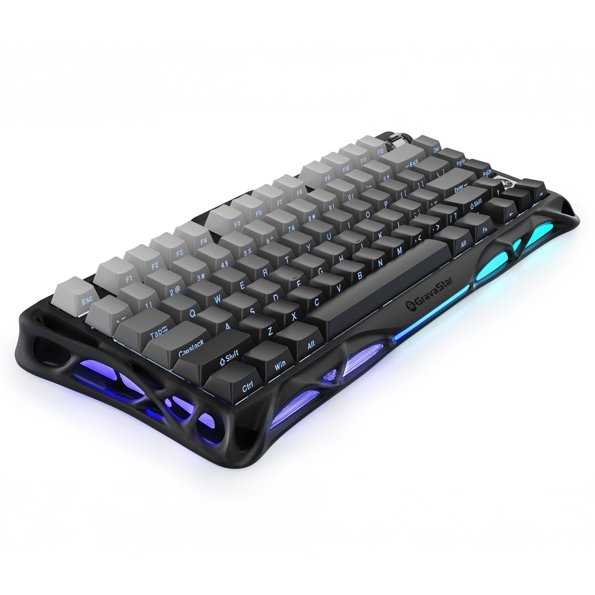 Czarna i szara klawiatura z podświetlanymi niebieskimi akcentami. Klawisze są oznaczone, a klawiatura ma unikalny design.