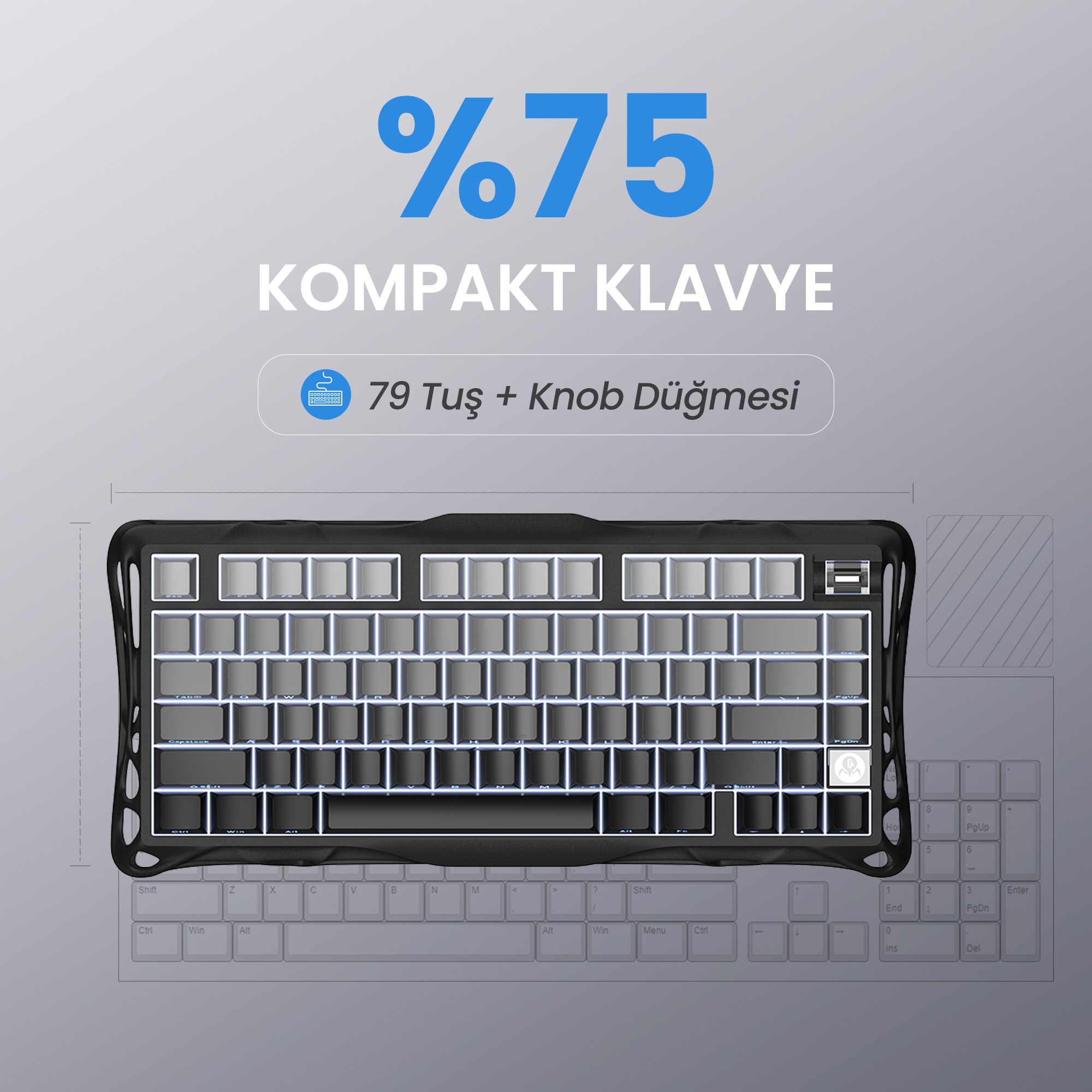 Wyświetlana jest czarna, kompaktowa klawiatura 75% z białymi, podświetlanymi klawiszami. U góry napis '%75' i '79 klawiszy + pokrętło'.