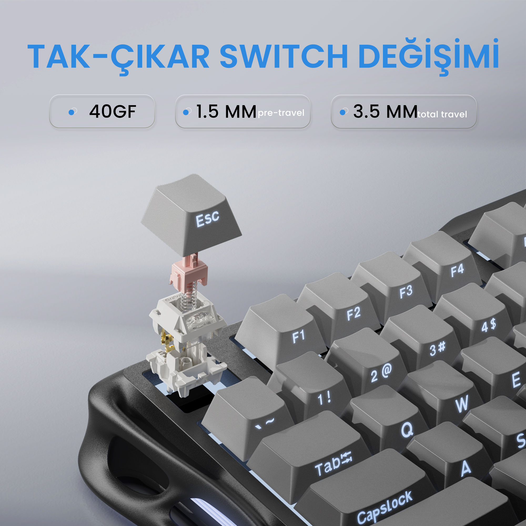 Klawiatura z usuniętym klawiszem ESC, pokazująca elementy przełącznika. Szare klawisze, czarna ramka i jasnoniebieskie szczegóły tekstowe.