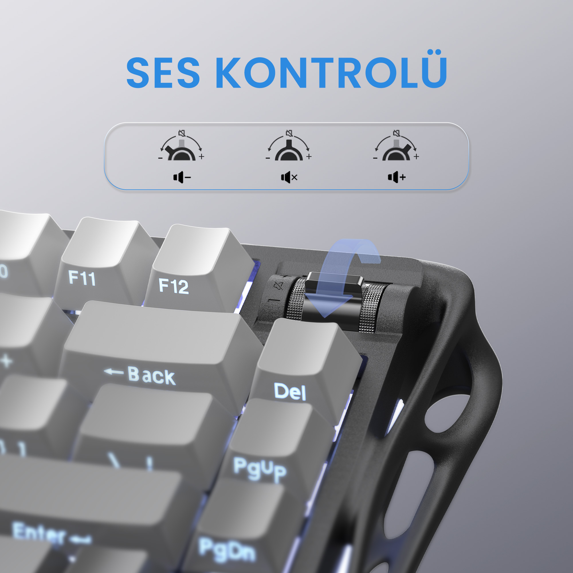 Zbliżenie klawiatury z opcjami regulacji głośności. Widoczne słowo 'SES KONTROLÜ'. Klawiatura ma pokrętło głośności.