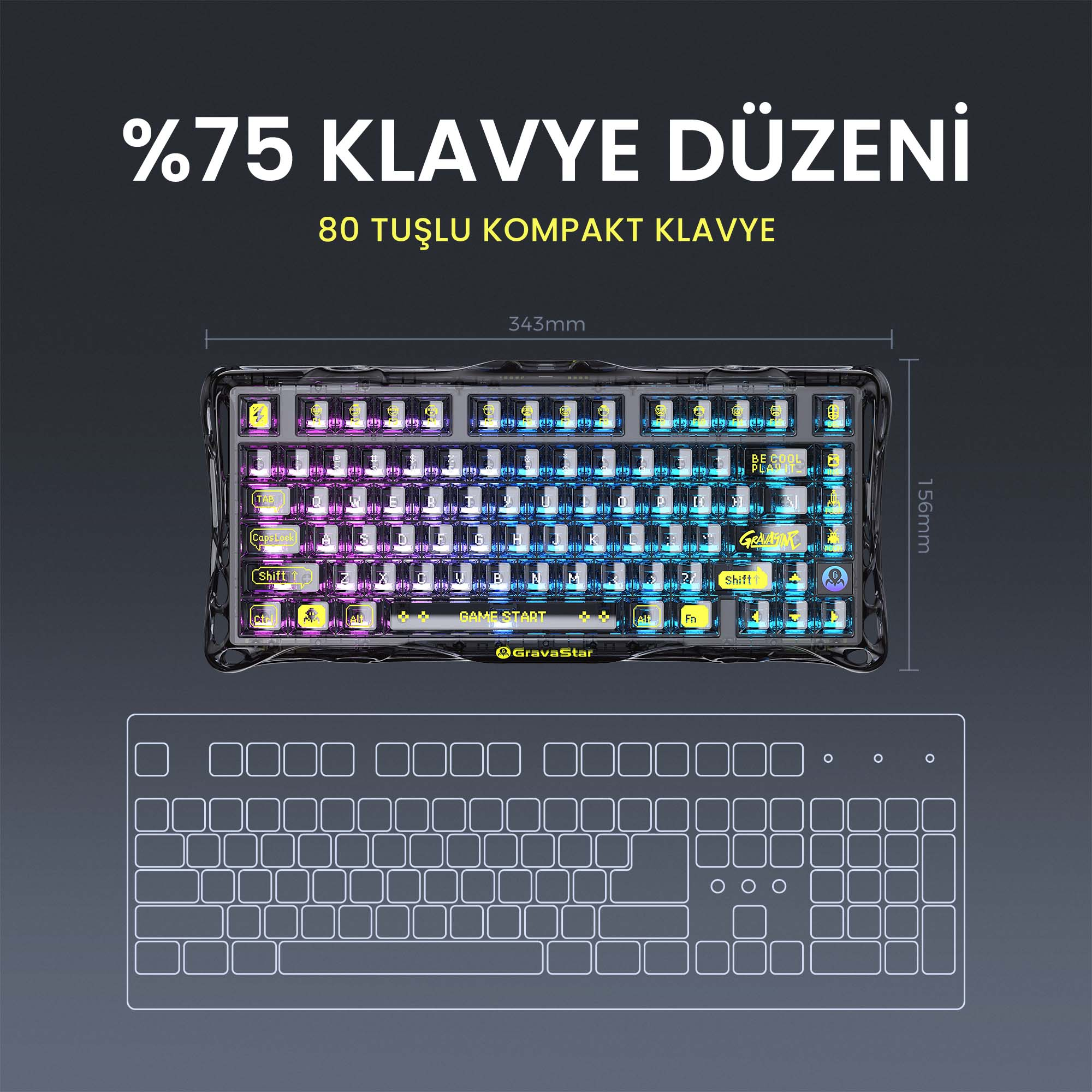 Pokazano klawiaturę z podświetlanymi klawiszami. Ma kompaktowy układ 75%, 80 klawiszy. Tło jest ciemnoszare.