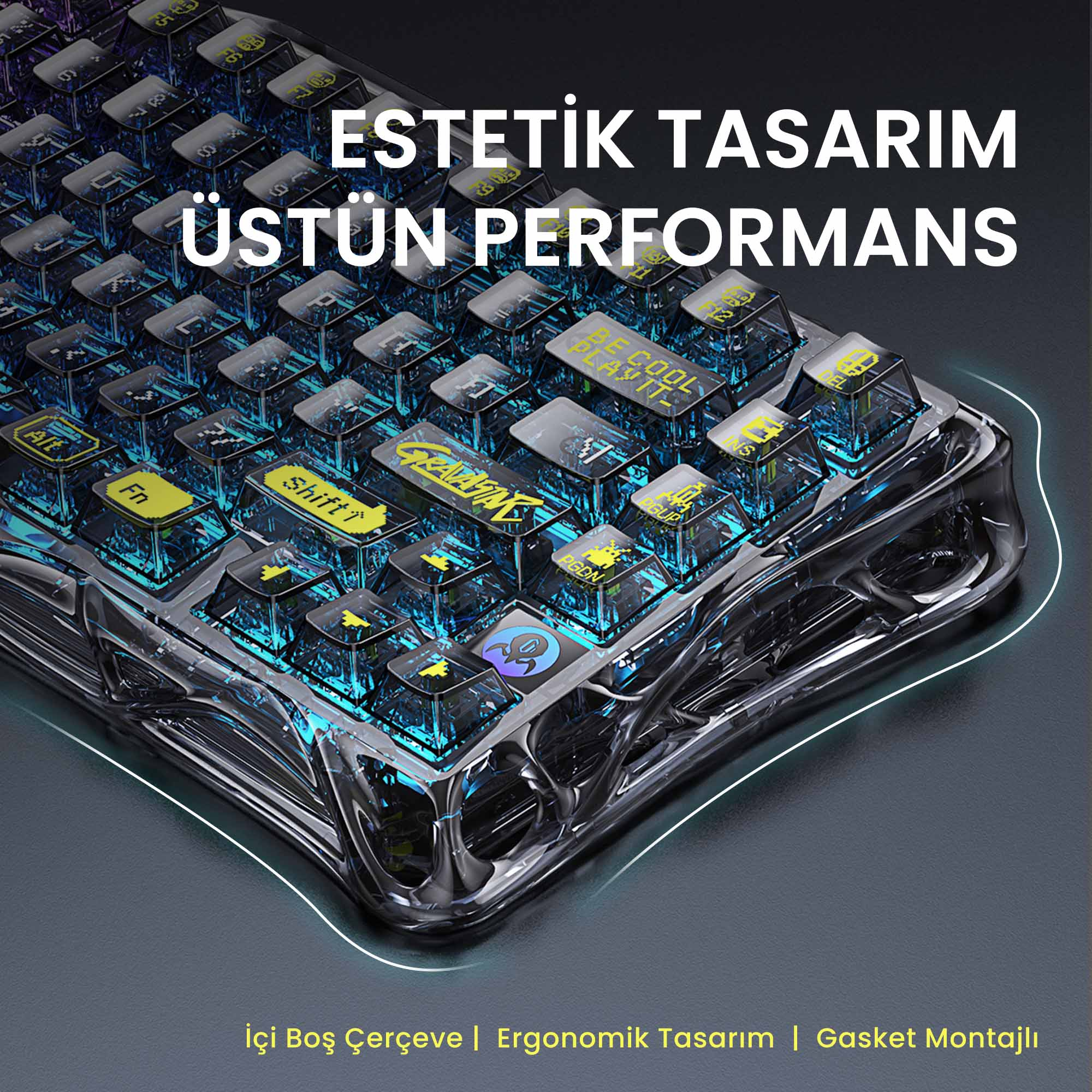 Klawiatura mechaniczna z przezroczystymi nakładkami, podświetlona na niebiesko. Tekst: "ESTETİK TASARIM ÜSTÜN PERFORMANS".