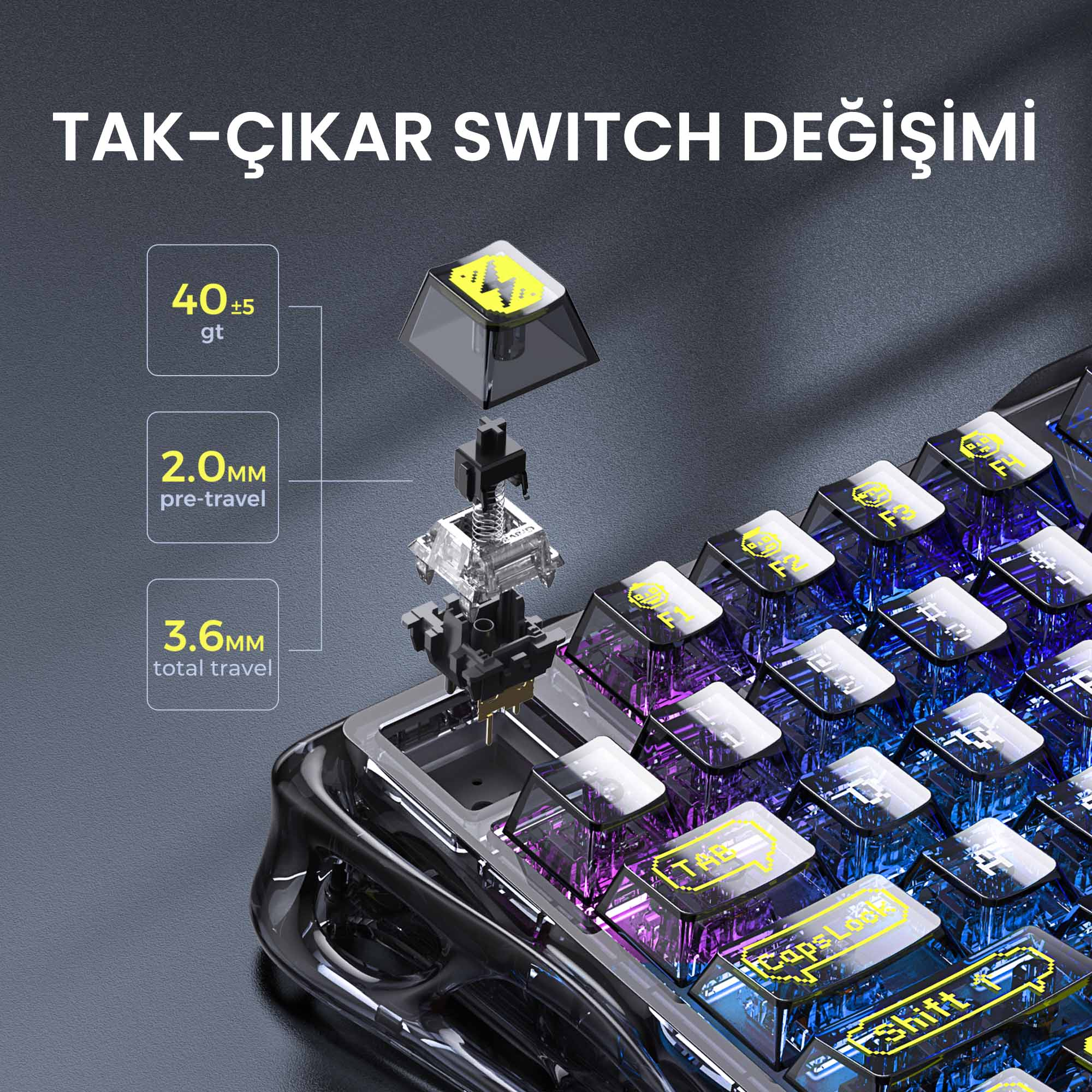 Klawiatura z nakładką na klawisz, elementami przełącznika i oznaczonymi klawiszami. Tekst zawiera pomiary i słowa 'TAK-ÇIKAR SWITCH DEĞİŞİMİ'.