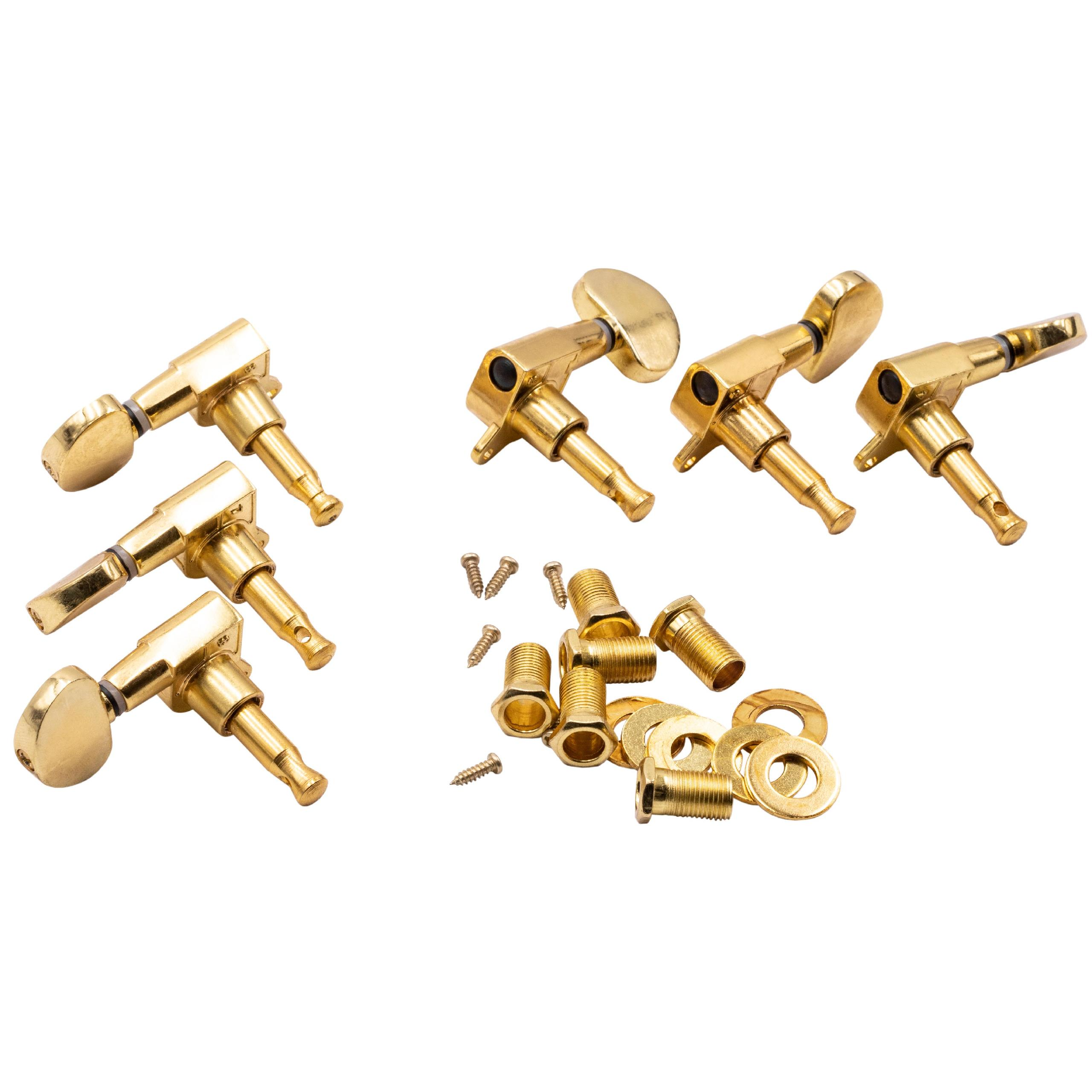 Goldene Gitarren-Stimmwirbel und zugehörige Hardware auf weißem Hintergrund. Schrauben, Unterlegscheiben und Muttern sind ebenfalls sichtbar.