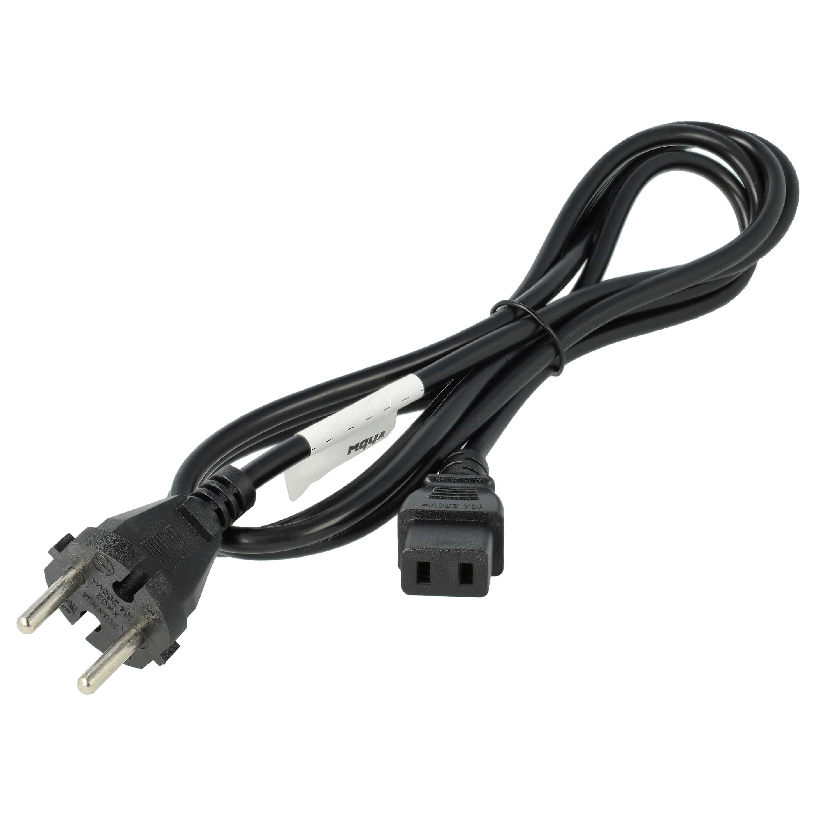 Schwarzes Netzkabel mit Eurostecker und C13-Anschluss auf weißem Hintergrund.