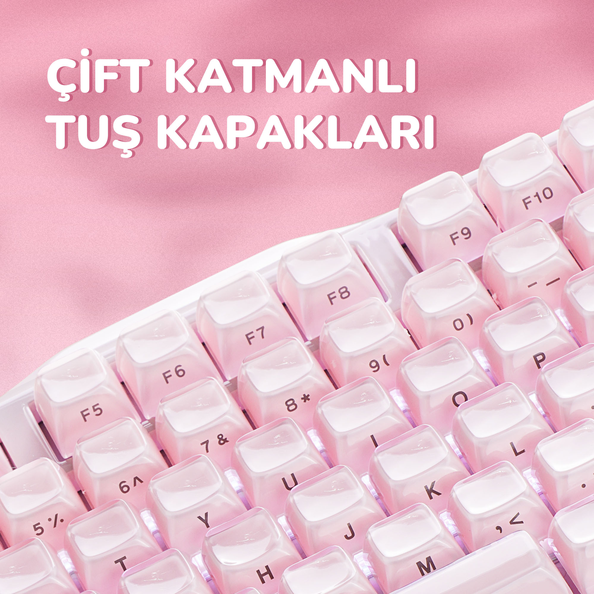 Zbliżenie różowej klawiatury z białymi nakładkami na klawisze. Klawisze są oznaczone literami, cyframi i symbolami.