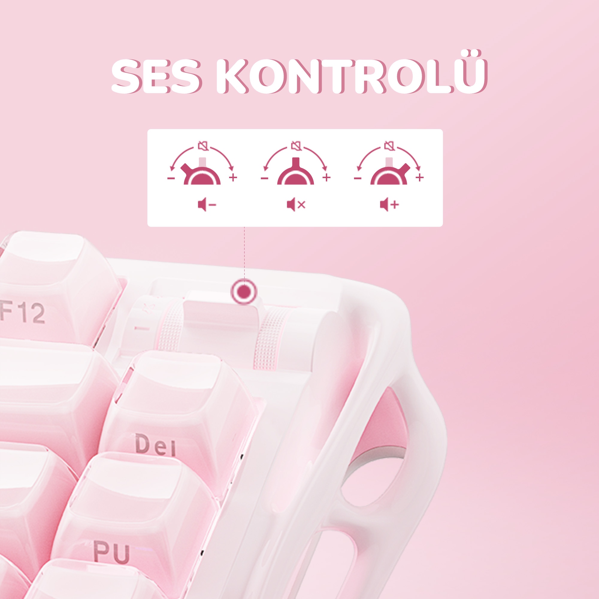 Różowa klawiatura z regulacją głośności u góry, ze znakami plus, minus i wyciszenia. Słowo SES KONTROLÜ znajduje się u góry.