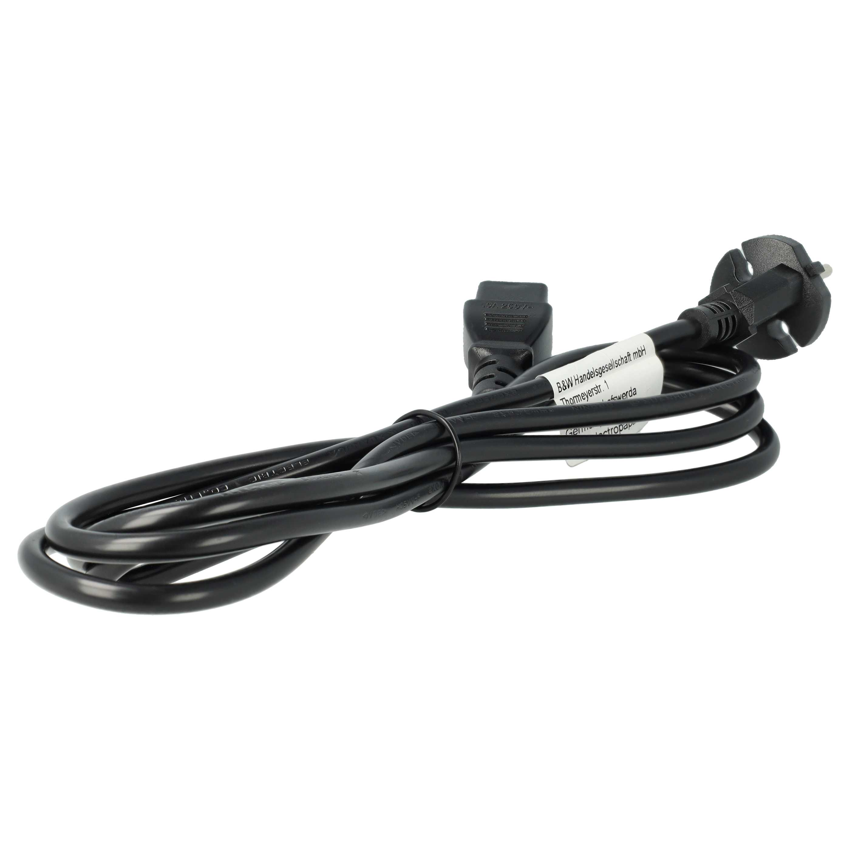 Ein schwarzes Stromkabel auf weißem Hintergrund. Es hat einen Stecker und eine Buchse.