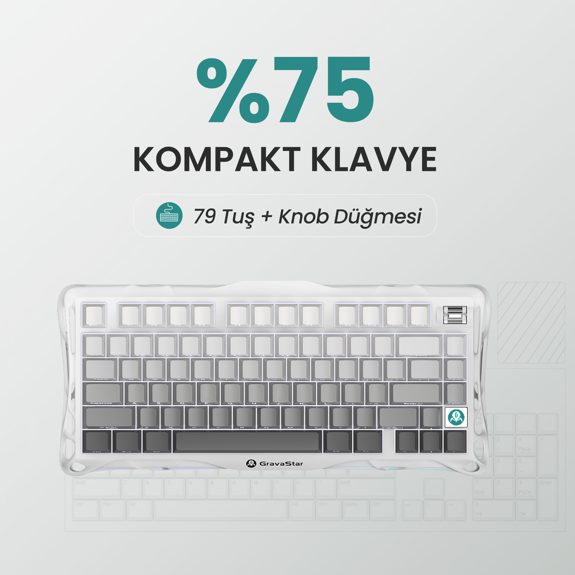 Biała i szara klawiatura z 79 klawiszami i pokrętłem. Tekst: %75 KOMPAKT KLAVYE.