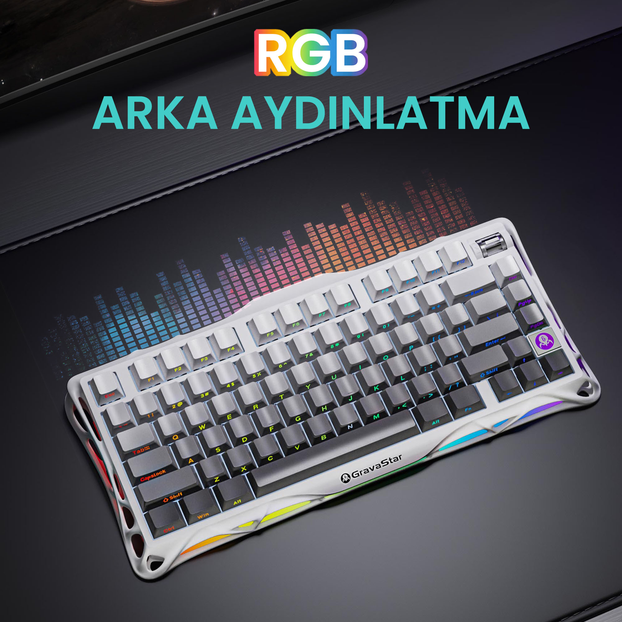 Biała klawiatura RGB na czarnej podkładce. Podświetlenie RGB widoczne na klawiaturze i podkładce.