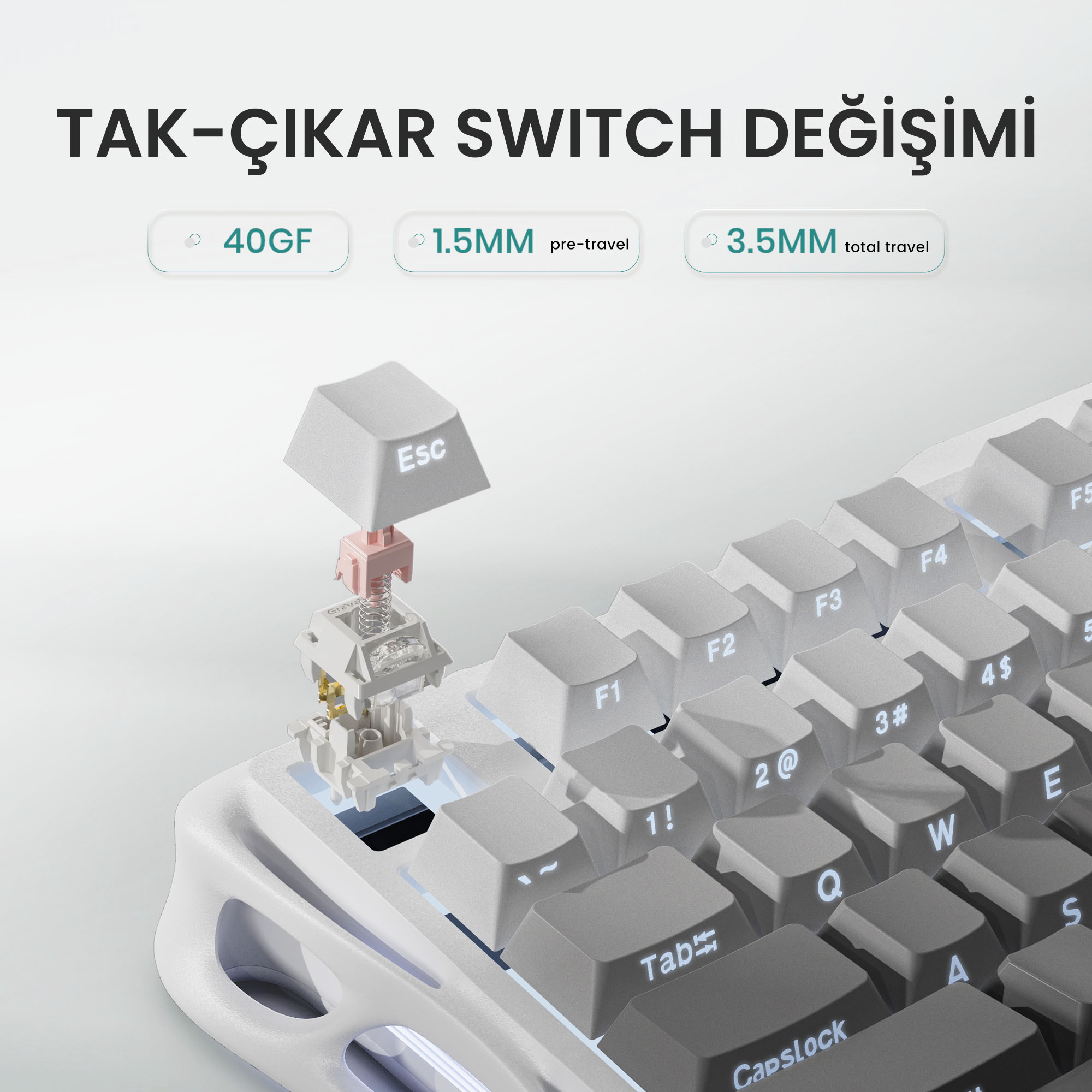 Klawiatura z usuniętym klawiszem, aby pokazać mechanizm. Tekst wskazuje szczegóły przełącznika, widoczny układ klawiatury.