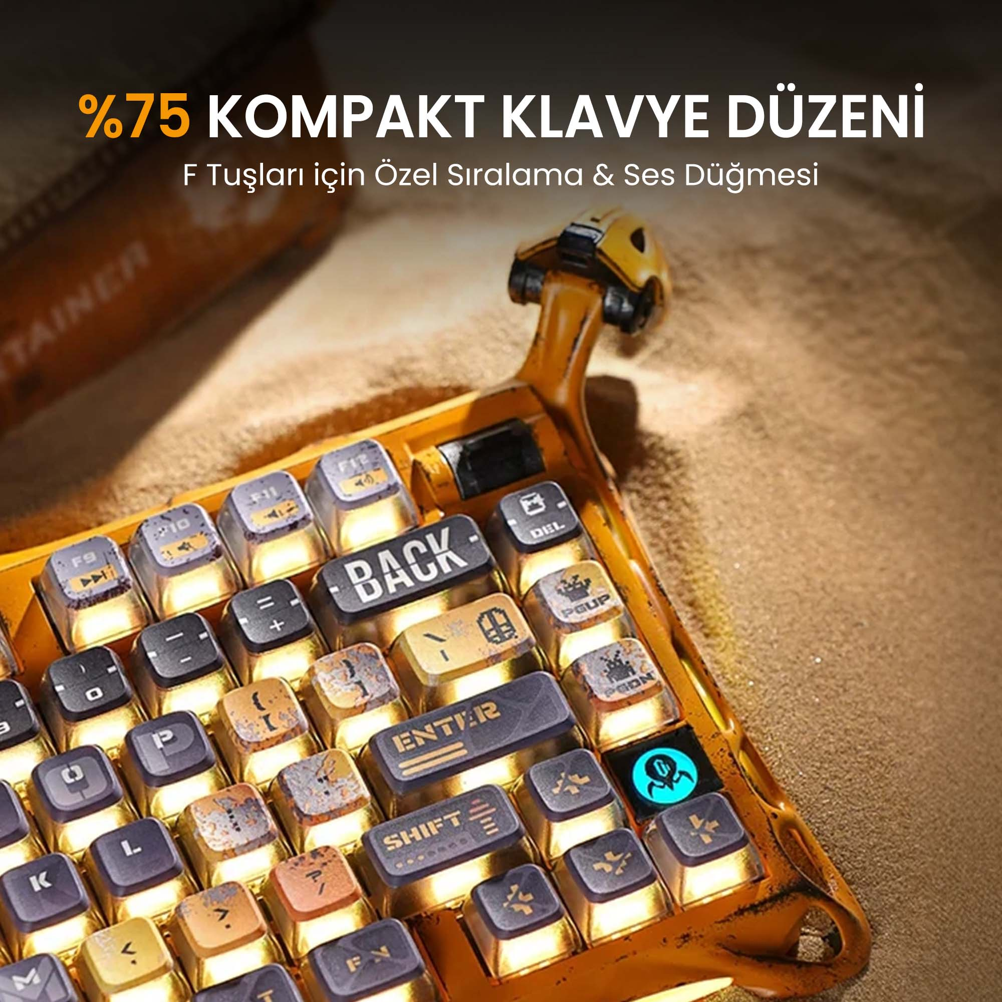 Klawiatura z żółtą ramką i zużytymi klawiszami, podświetlona od dołu. Tekst: '75% Kompaktowy układ klawiatury'.