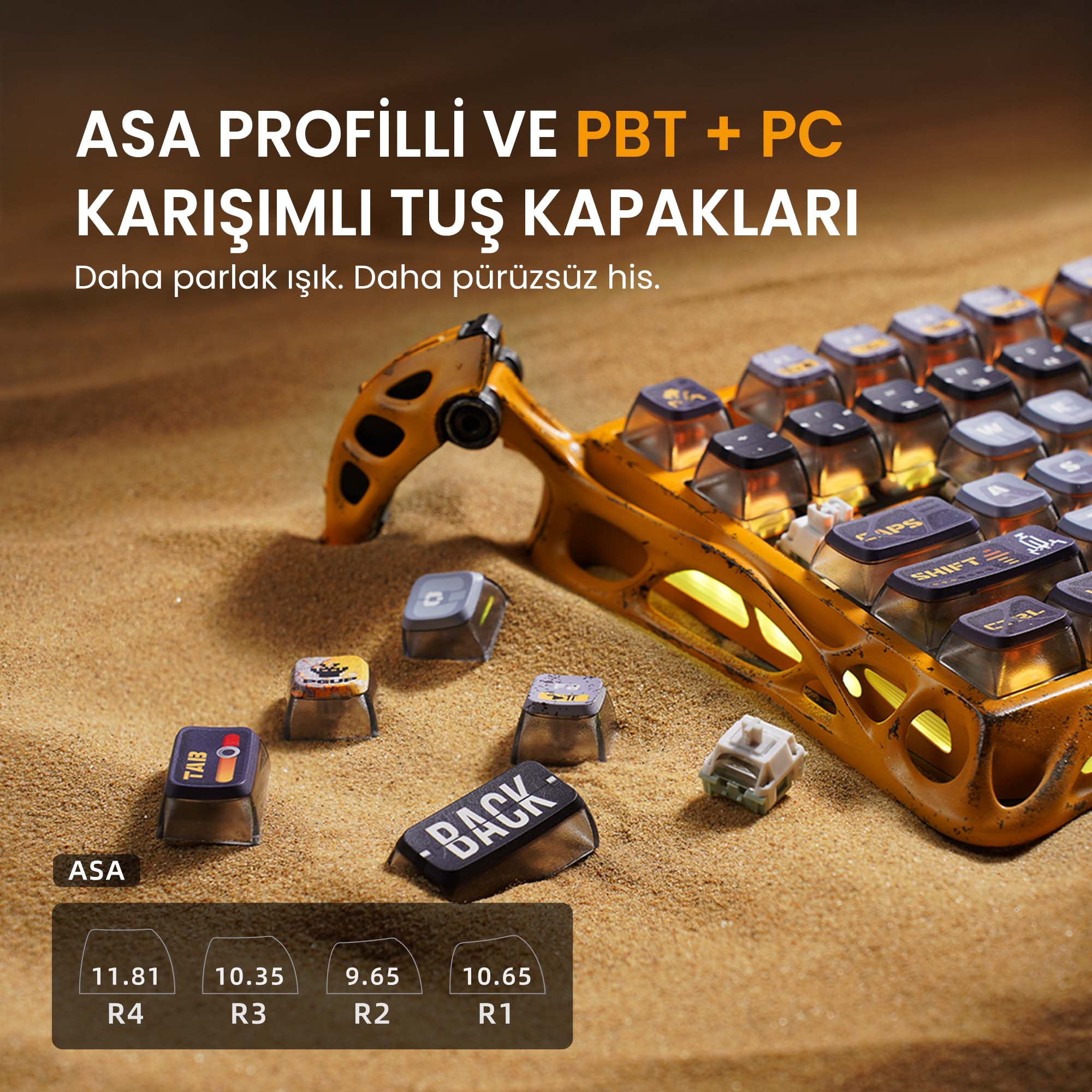 Klawisze klawiatury na piasku. Żółte i czarne klawisze, niektóre odłączone. Tekst po turecku. Profil ASA.