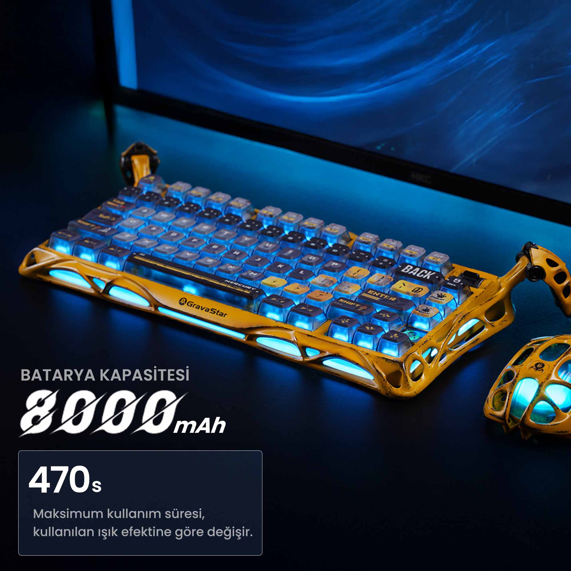 Żółta i niebieska podświetlana klawiatura z klawiszami, bateria 8000 mAh i czas użytkowania 470 s, z myszą.