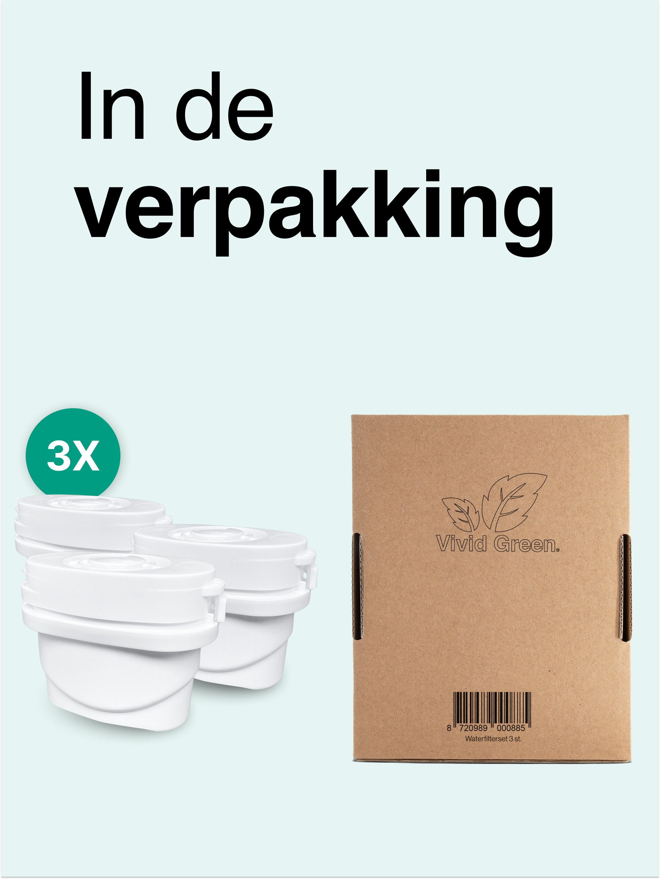 The image shows a box and three white water filters. Text on top says: In de verpakking. The box is from Vivid Green.