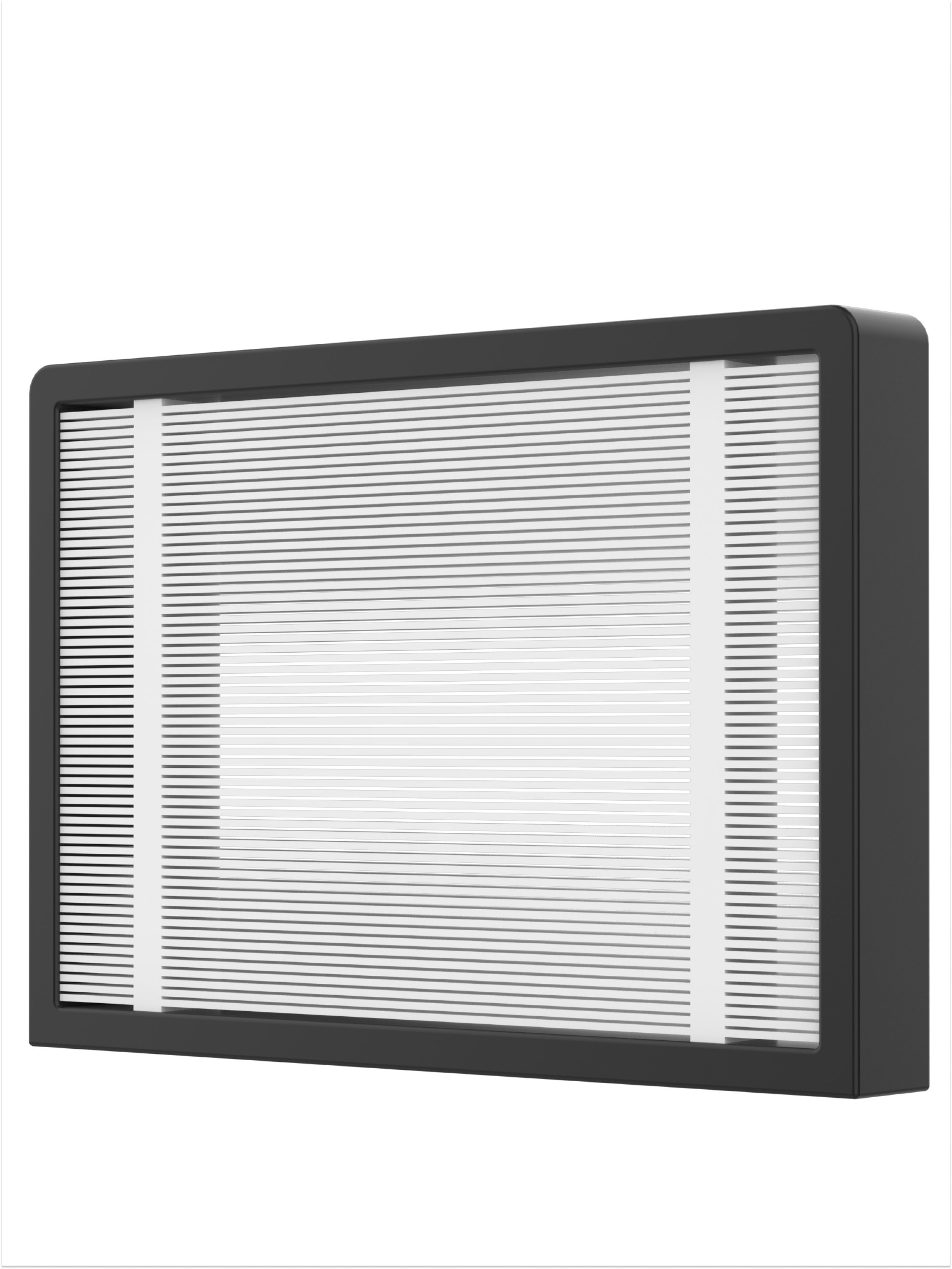 Een rechthoekig zwart object met horizontale lijnen. Twee witte verticale strepen zijn aanwezig in het midden.