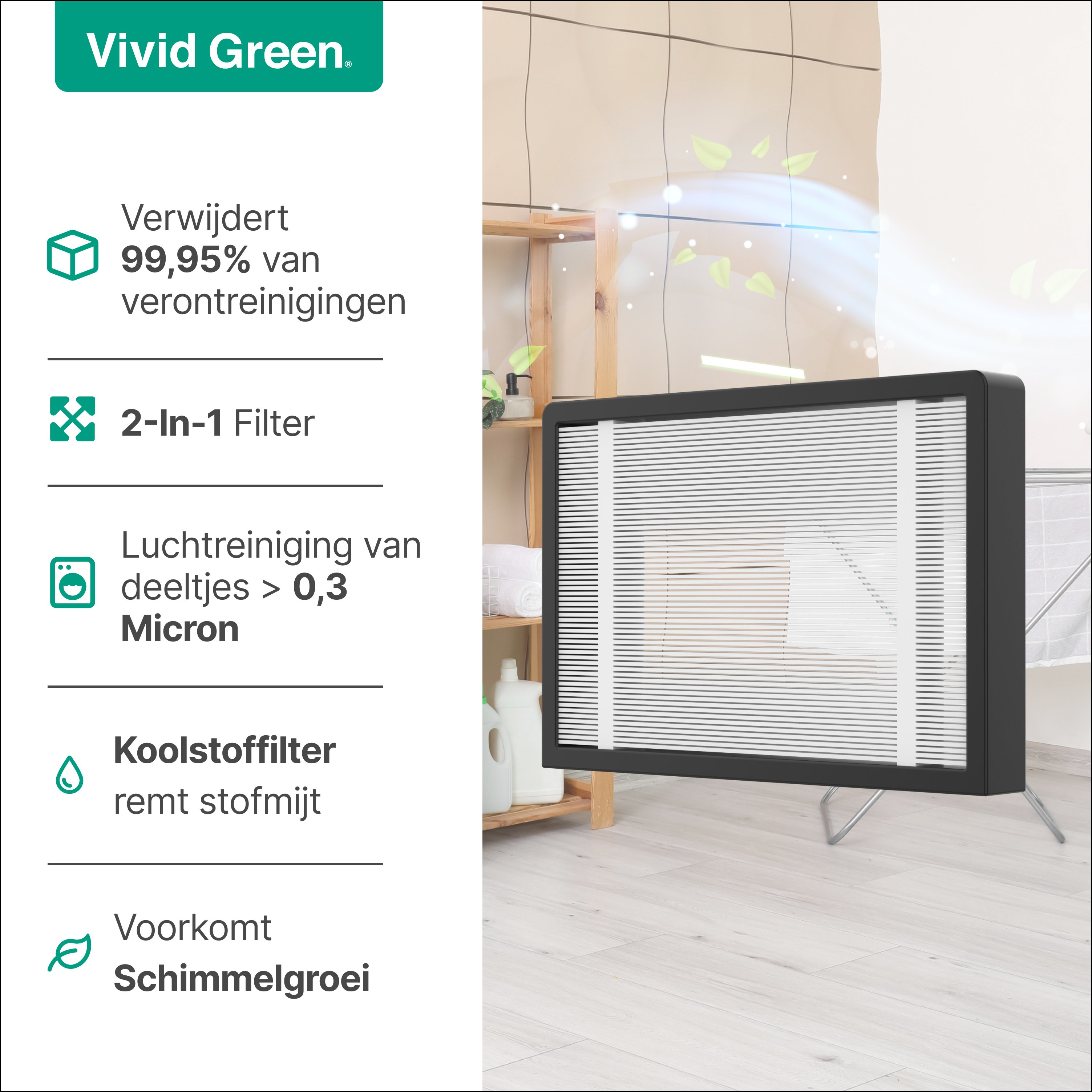 Een luchtreiniger met zwart frame en wit filter staat op een standaard. Tekst links beschrijft de kenmerken.