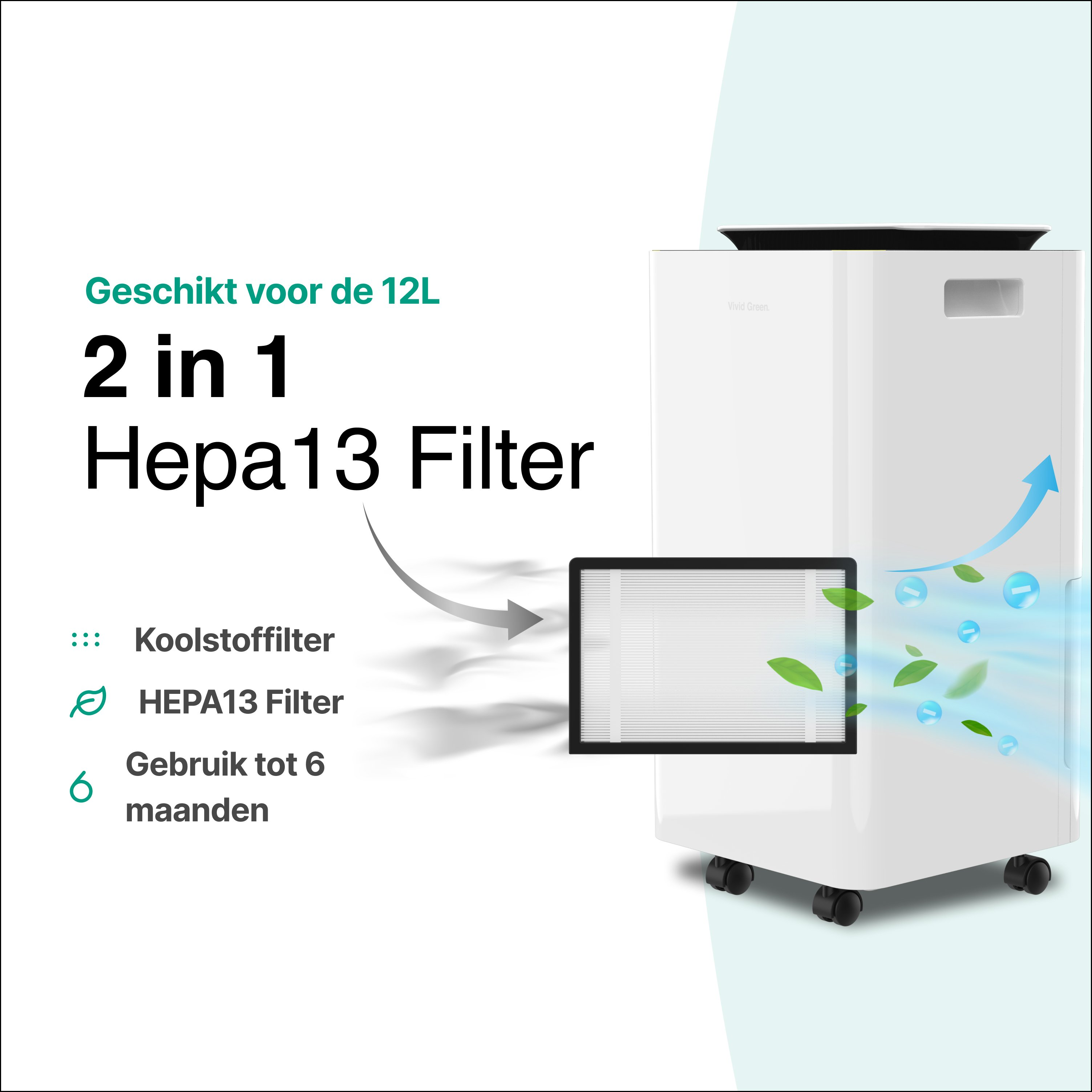 Witte luchtreiniger met filter, groene bladeren en blauwe luchtstroom. Tekst: 2 in 1 Hepa13 Filter. Geschikt voor 12L. Gebruikt tot 6 maanden.