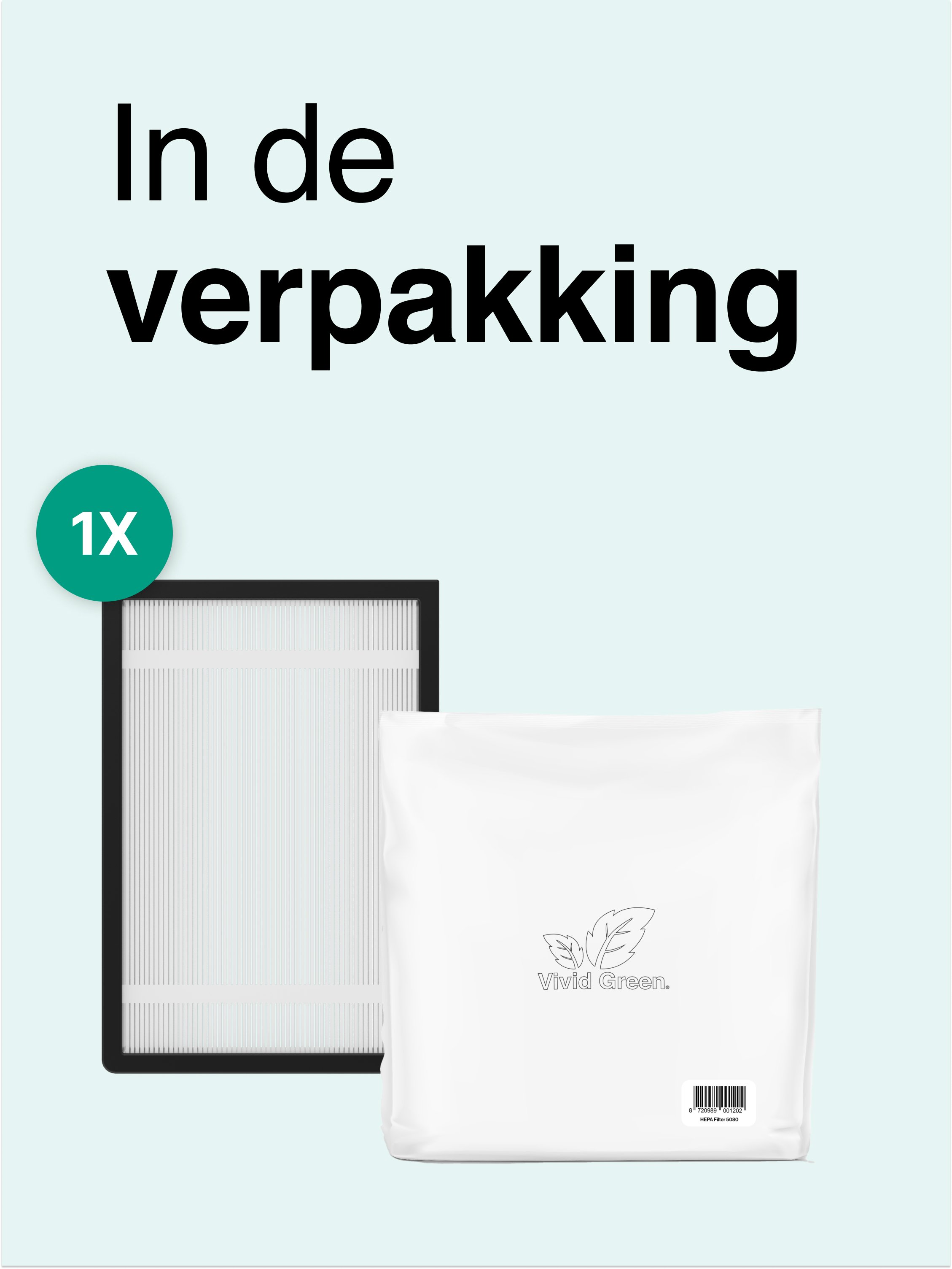 Afbeelding toont luchtfilter en verpakking. Tekst luidt 'In de verpakking'. Vivid Green logo is zichtbaar.