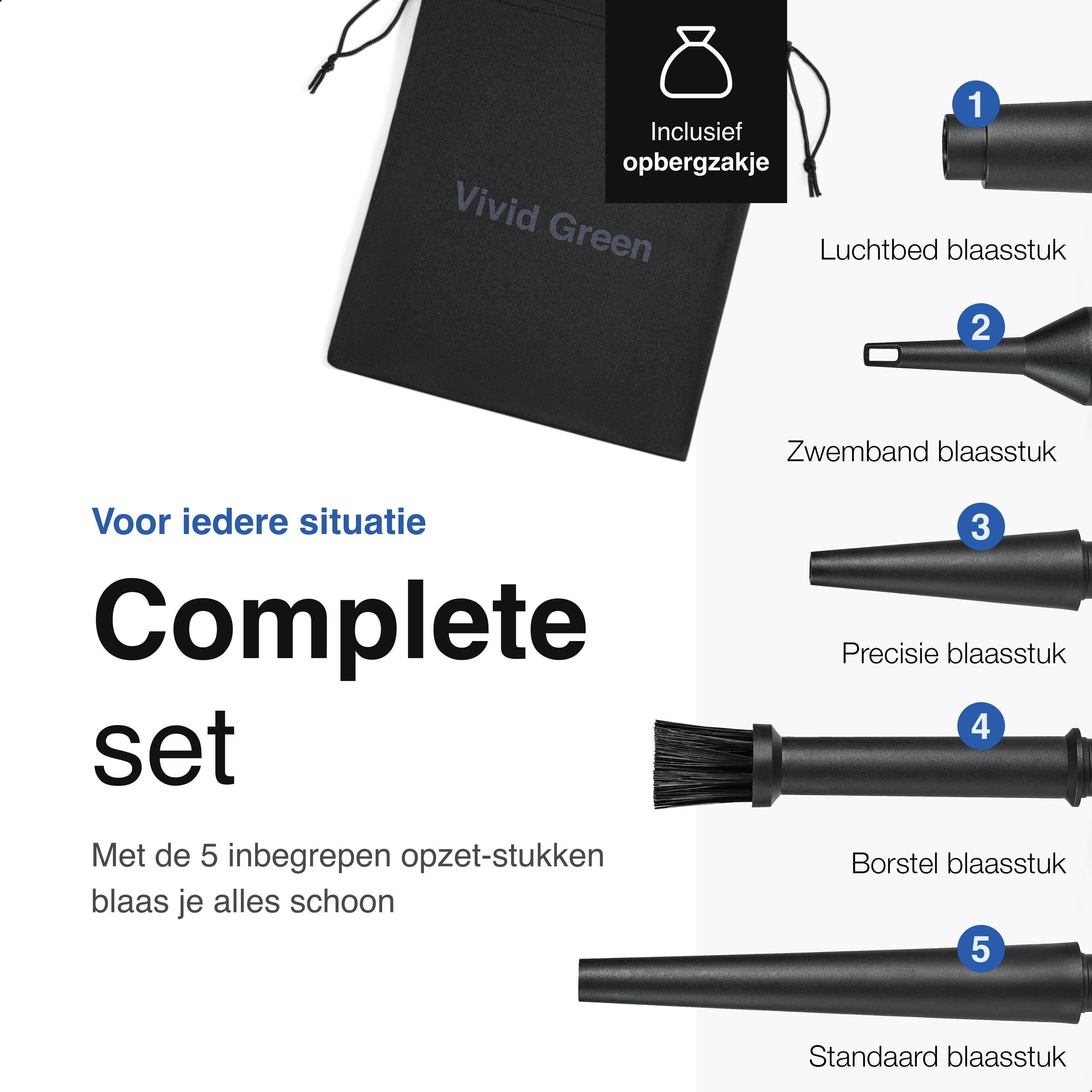 A black bag with 'Vivid Green' text, a complete set description, and five different attachments.