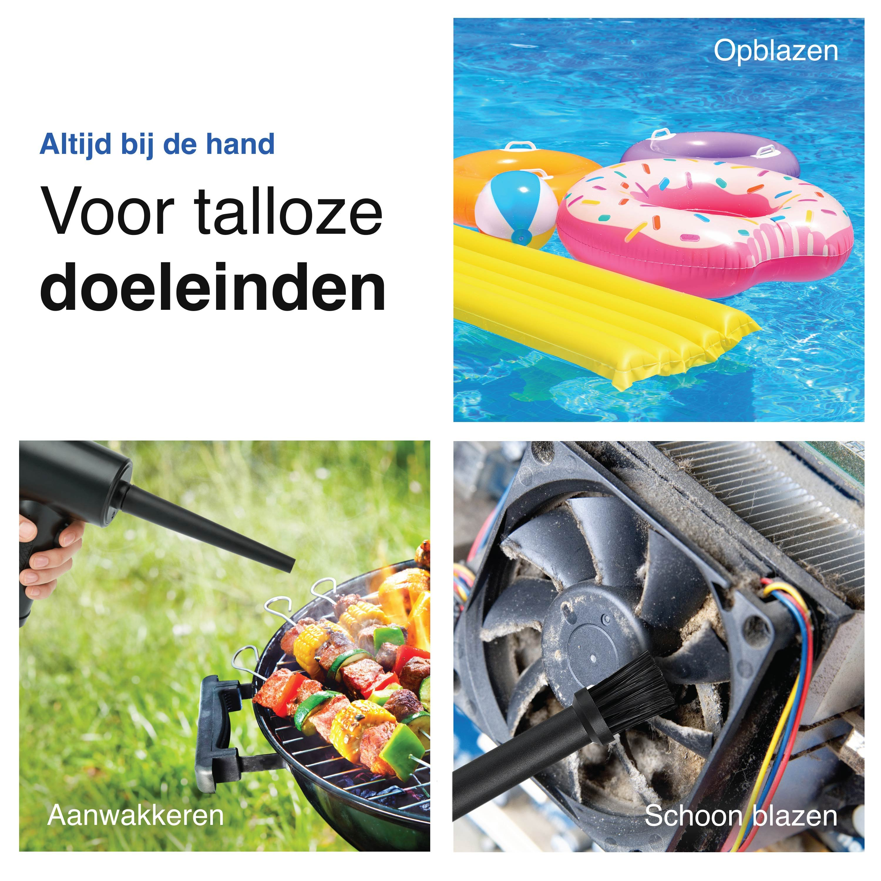 Image shows pool floats, a grill with food, a blower, and a computer fan. Text indicates uses.