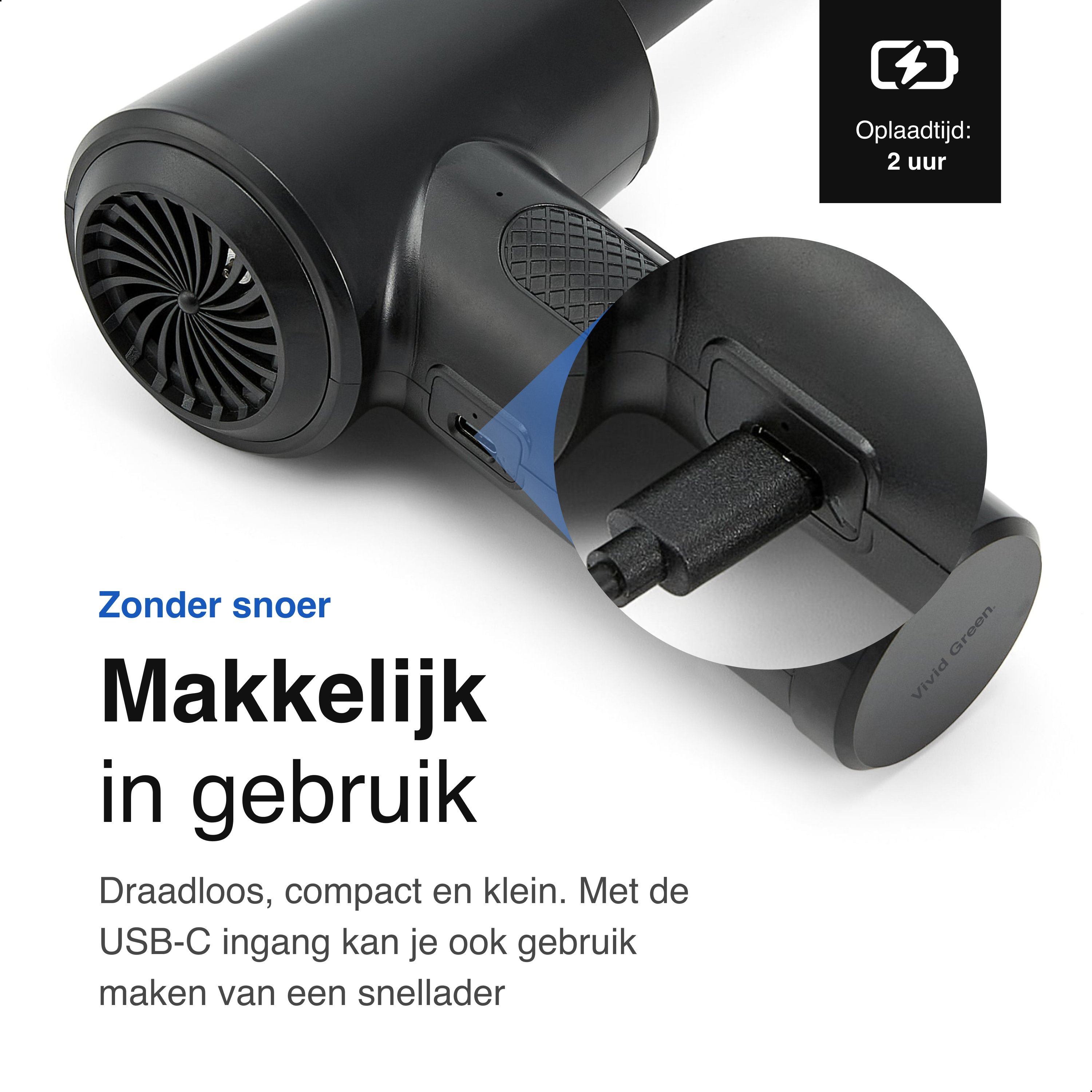 Black hair dryer with a USB-C port, charging time 2 hours, text: easy to use. The brand name is Vivid Green.