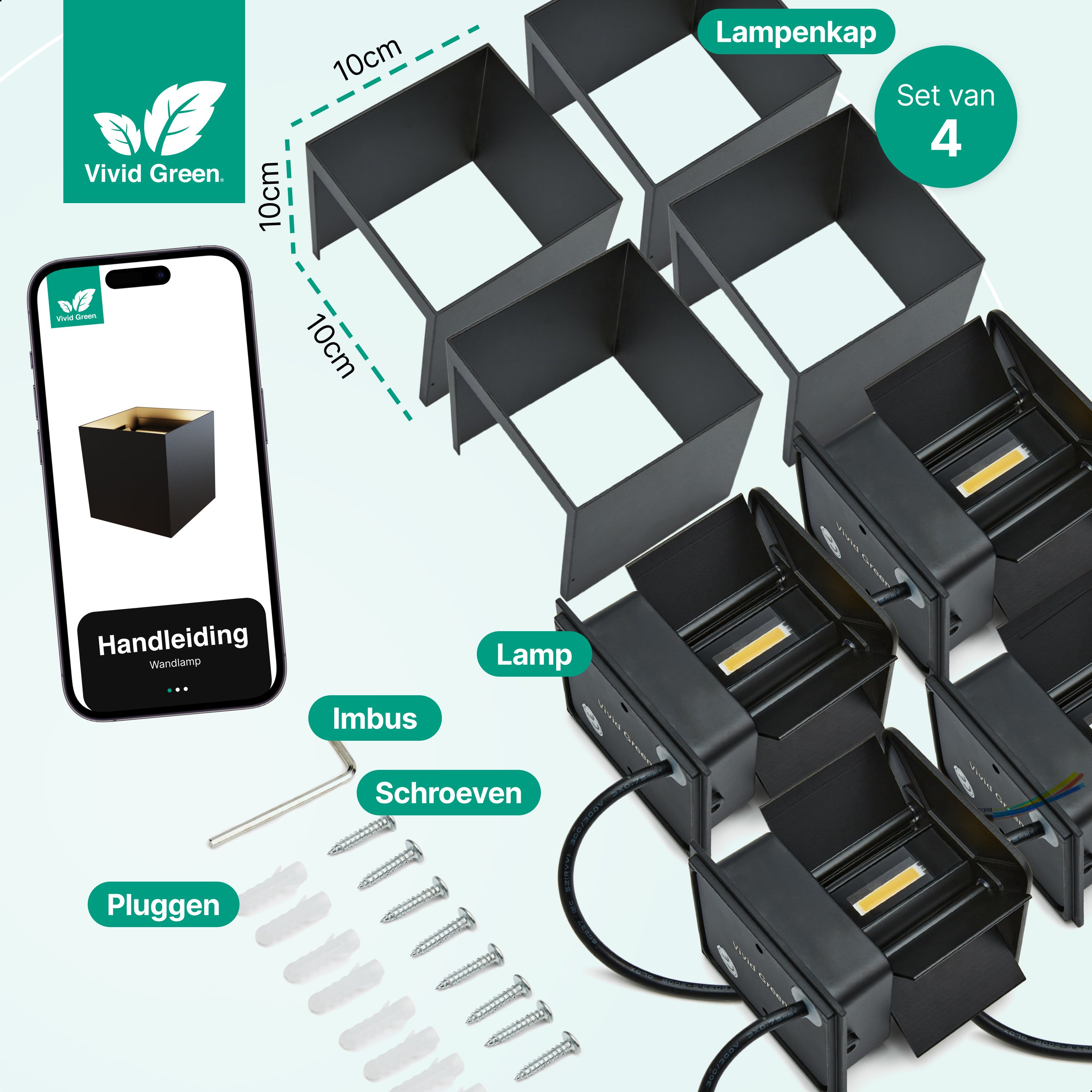 Afbeelding toont zwarte lampen, installatiegereedschap en een telefoon met lampinstructies. Bevat tekstlabels.