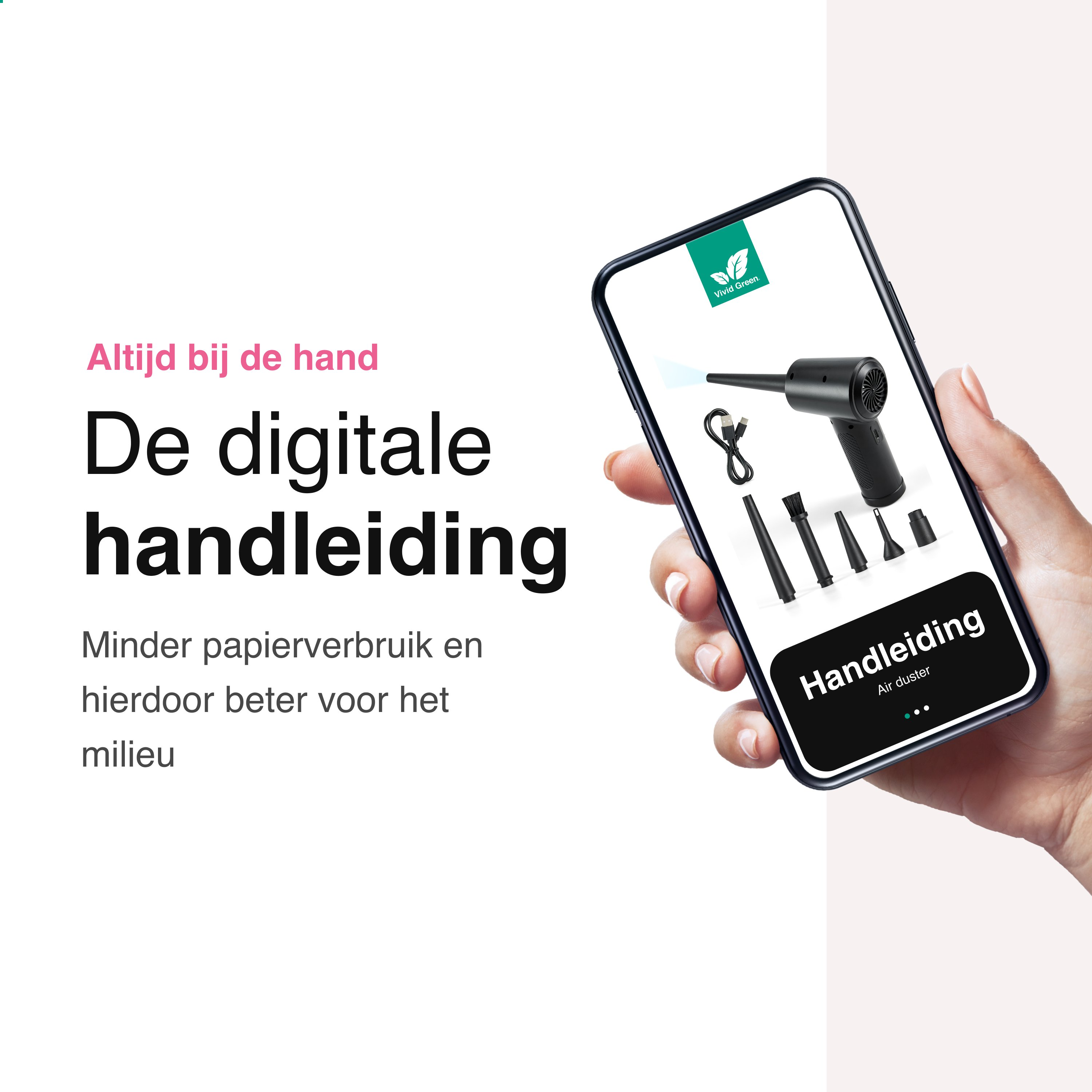 A hand holds a phone. The screen shows an air duster and accessories. Text on the left says 'digital manual'.