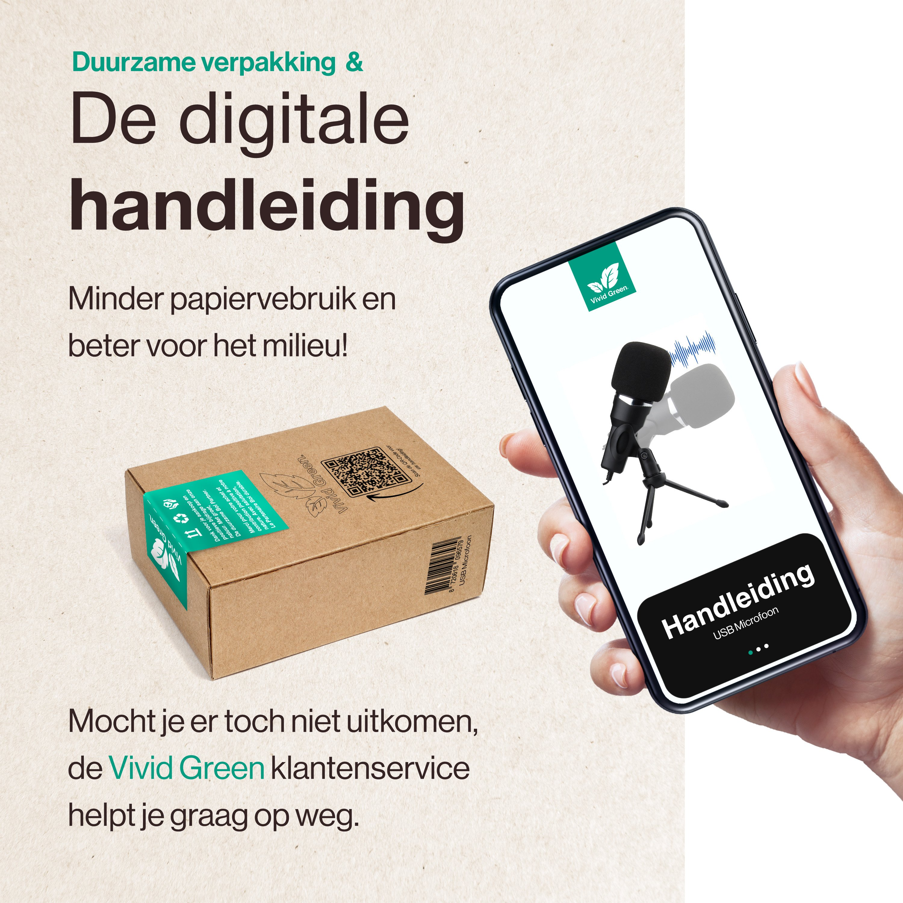 Afbeelding toont een telefoon met microfoon, een doos en tekst over digitale handleidingen en duurzame verpakkingen.
