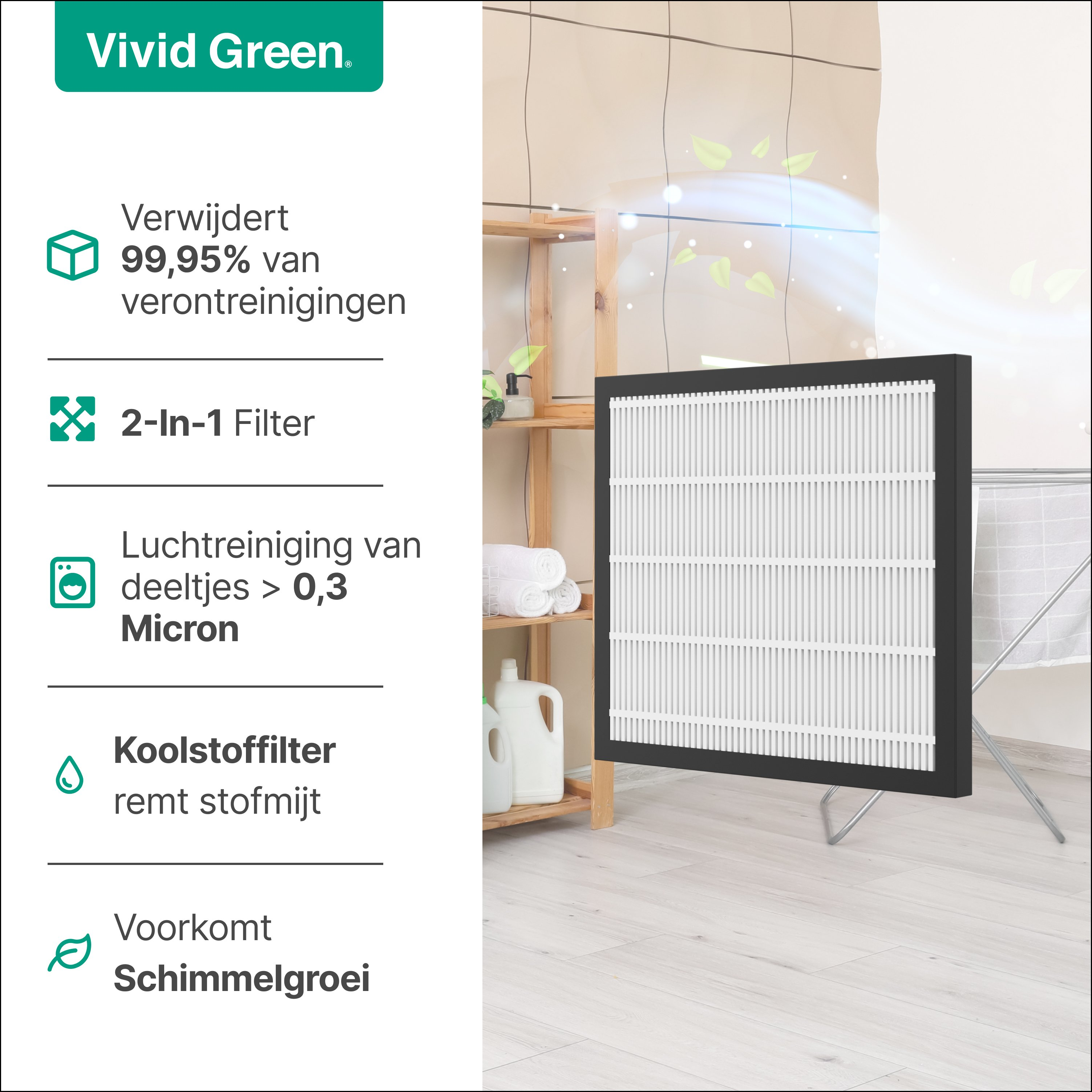 An air filter with a black frame and white grid is in a room. Text mentions filter features.