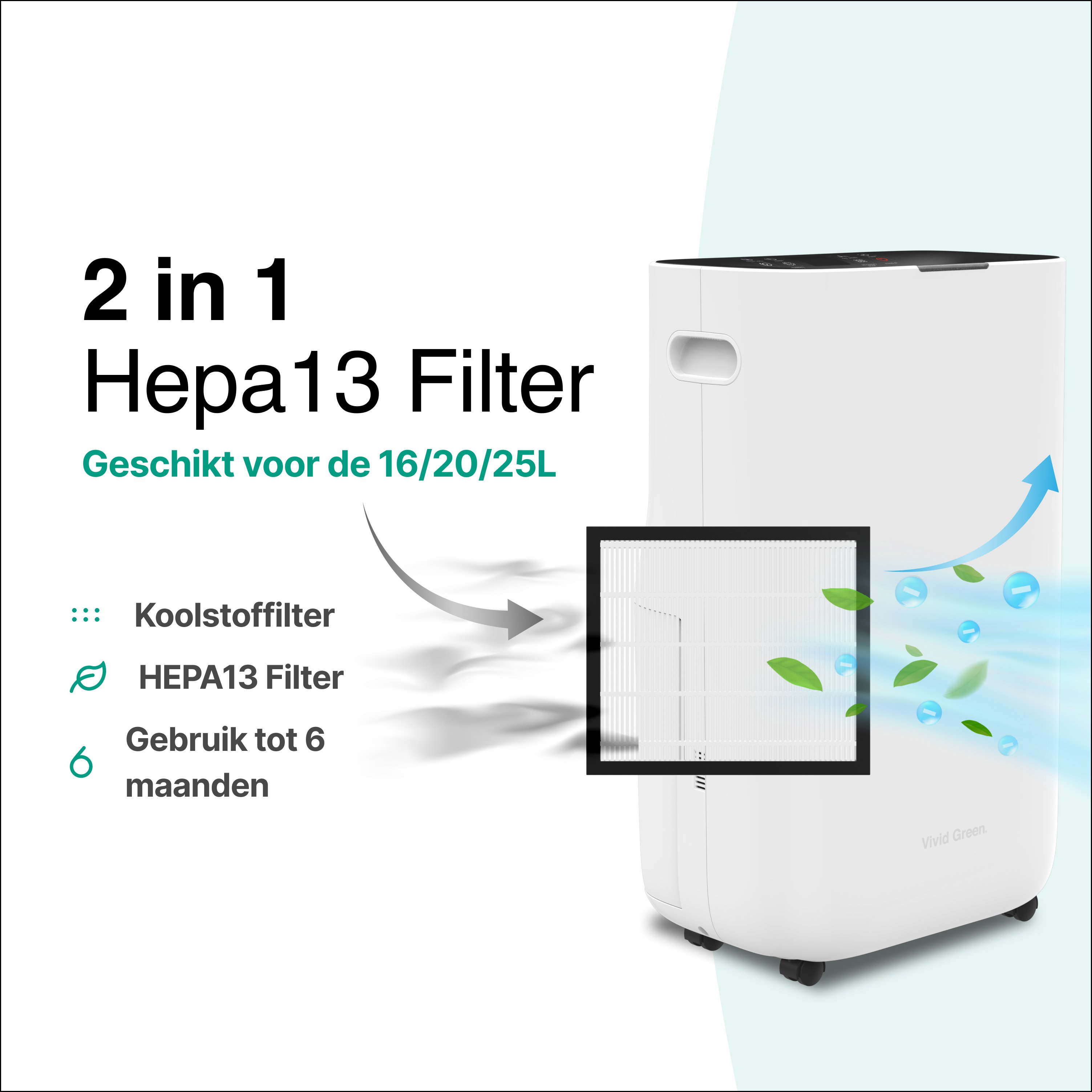 Image shows a white air purifier with a filter. Text includes '2 in 1 Hepa13 Filter' and filter details.