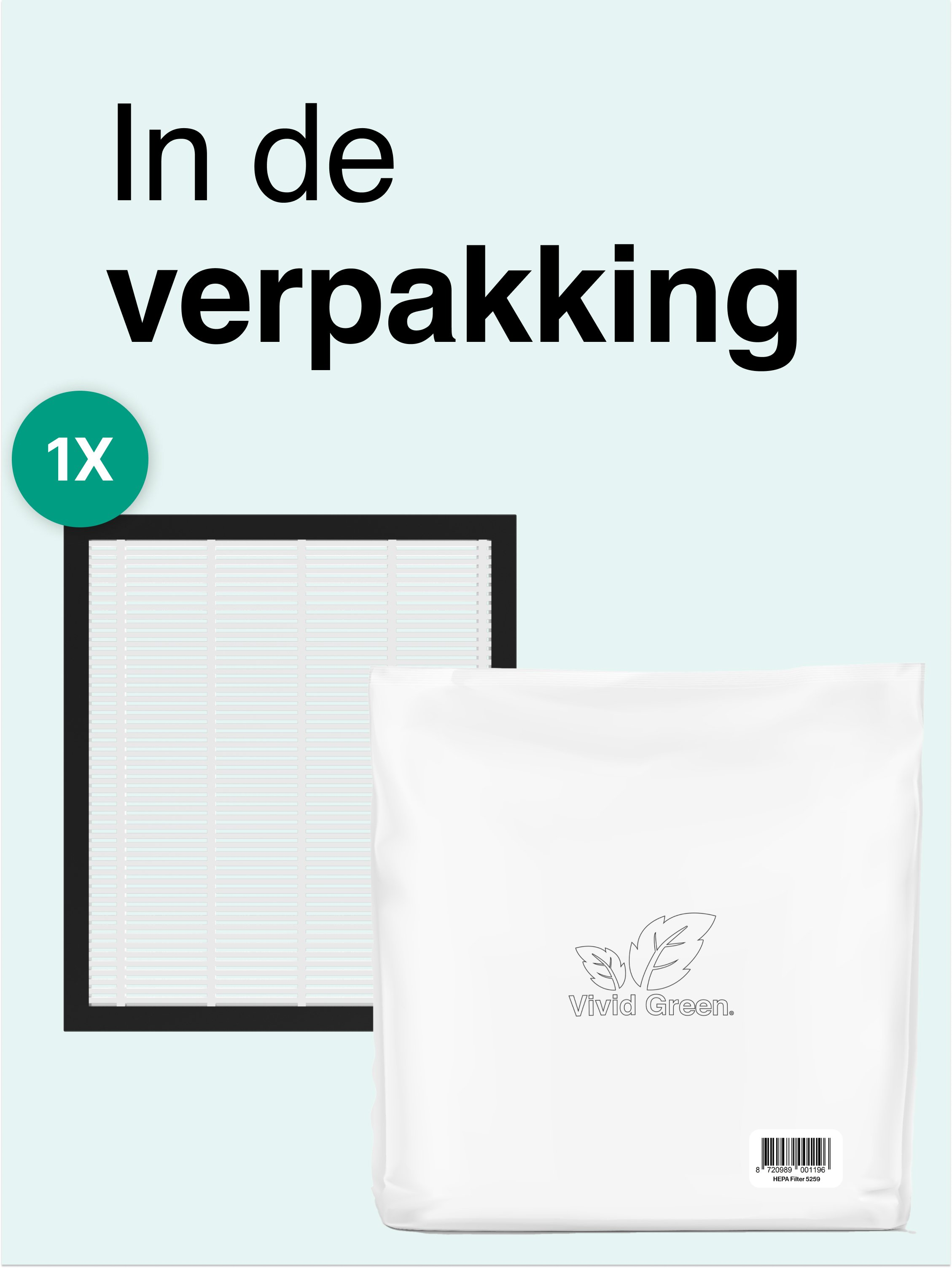 An air filter and a bag are displayed. Text on the bag says 'Vivid Green'. The text 'In de verpakking' is at the top.