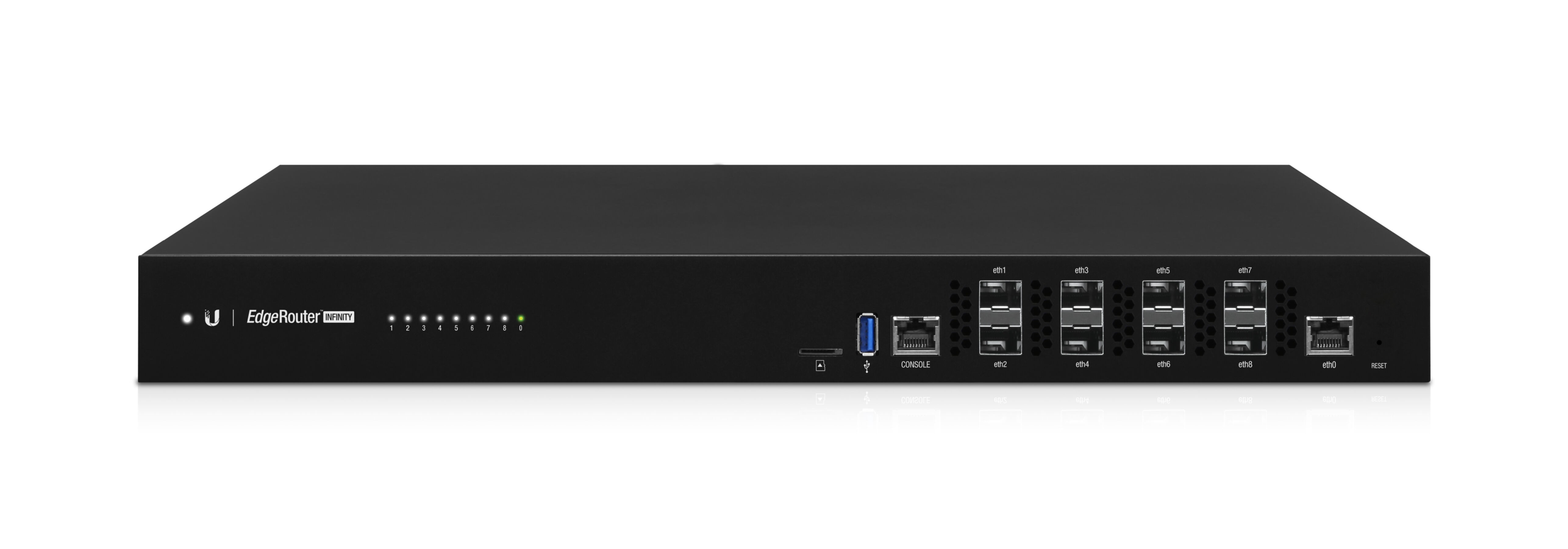 Un router di rete nero con più porte e luci. Ha il logo EdgeRouter INFINITY.